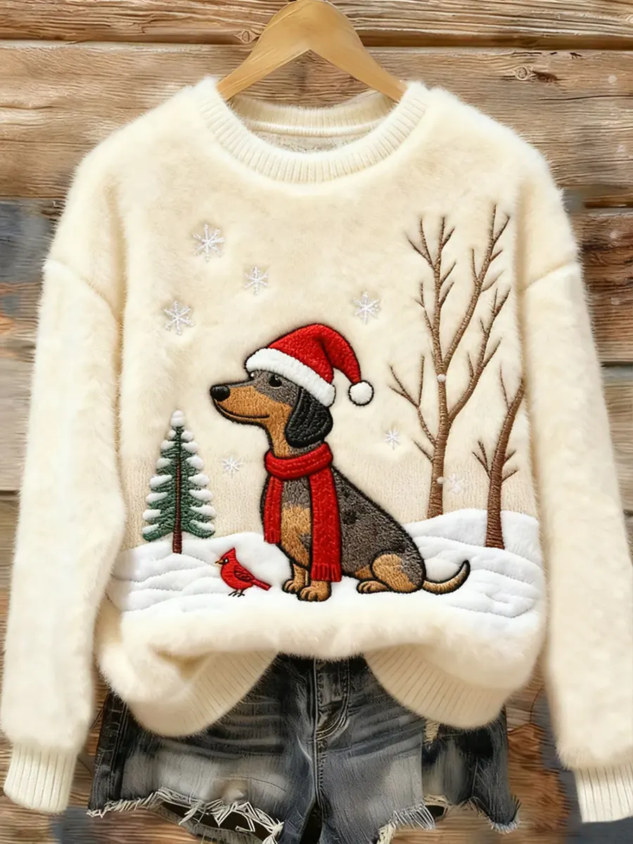 Christmas Dog Cute Art Print Casual Plush Sweatshirt
