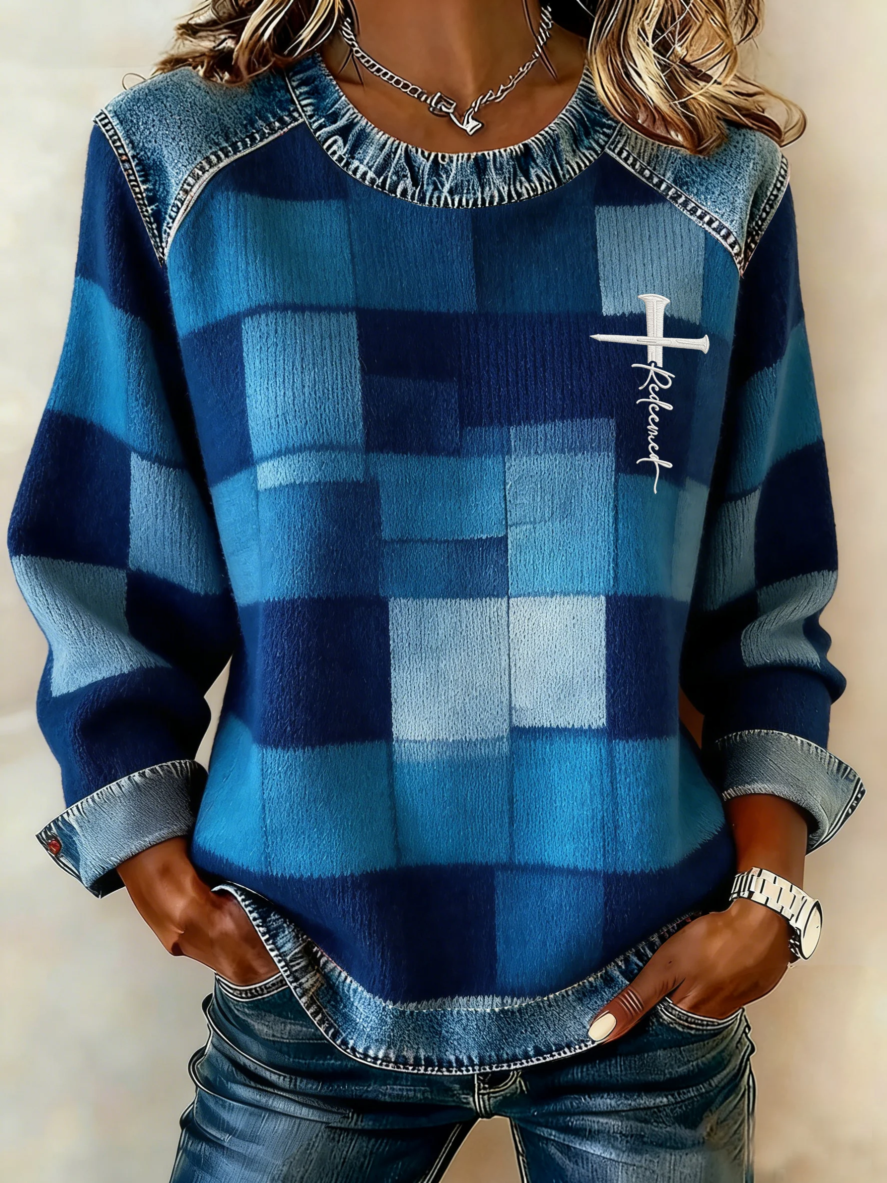 Women's Winter Plaid Gradient Print Crew Neck Top