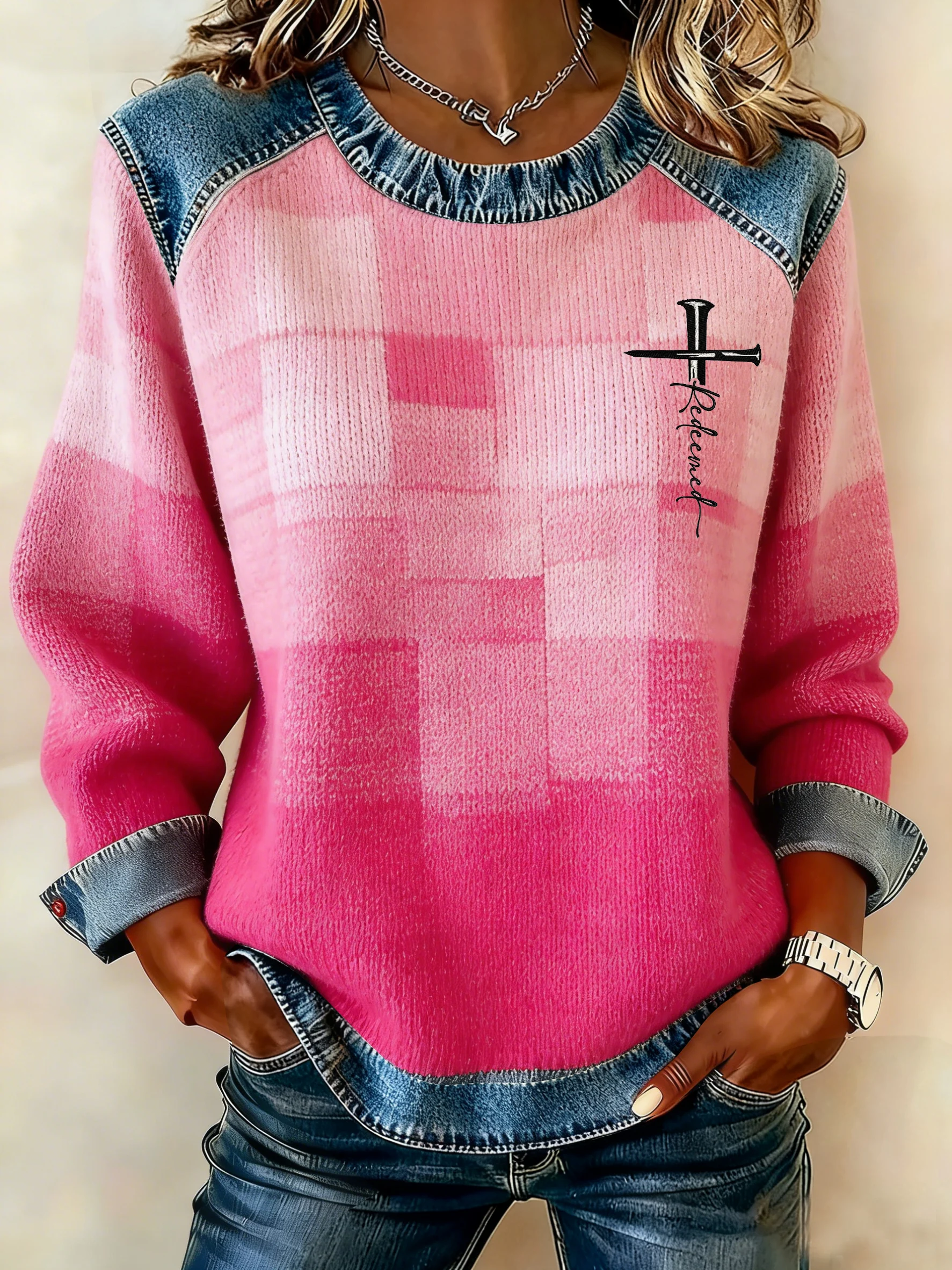 Women's Winter Plaid Gradient Print Crew Neck Top