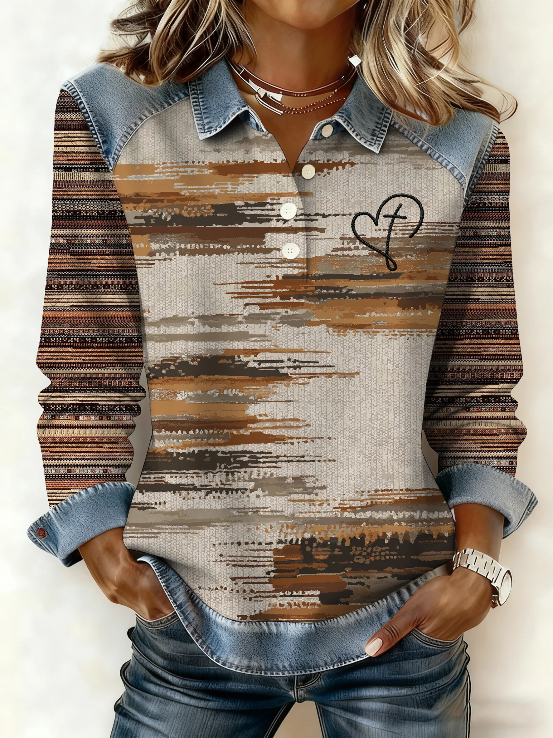 Women's Winter Retro Western Style Denim Print Top