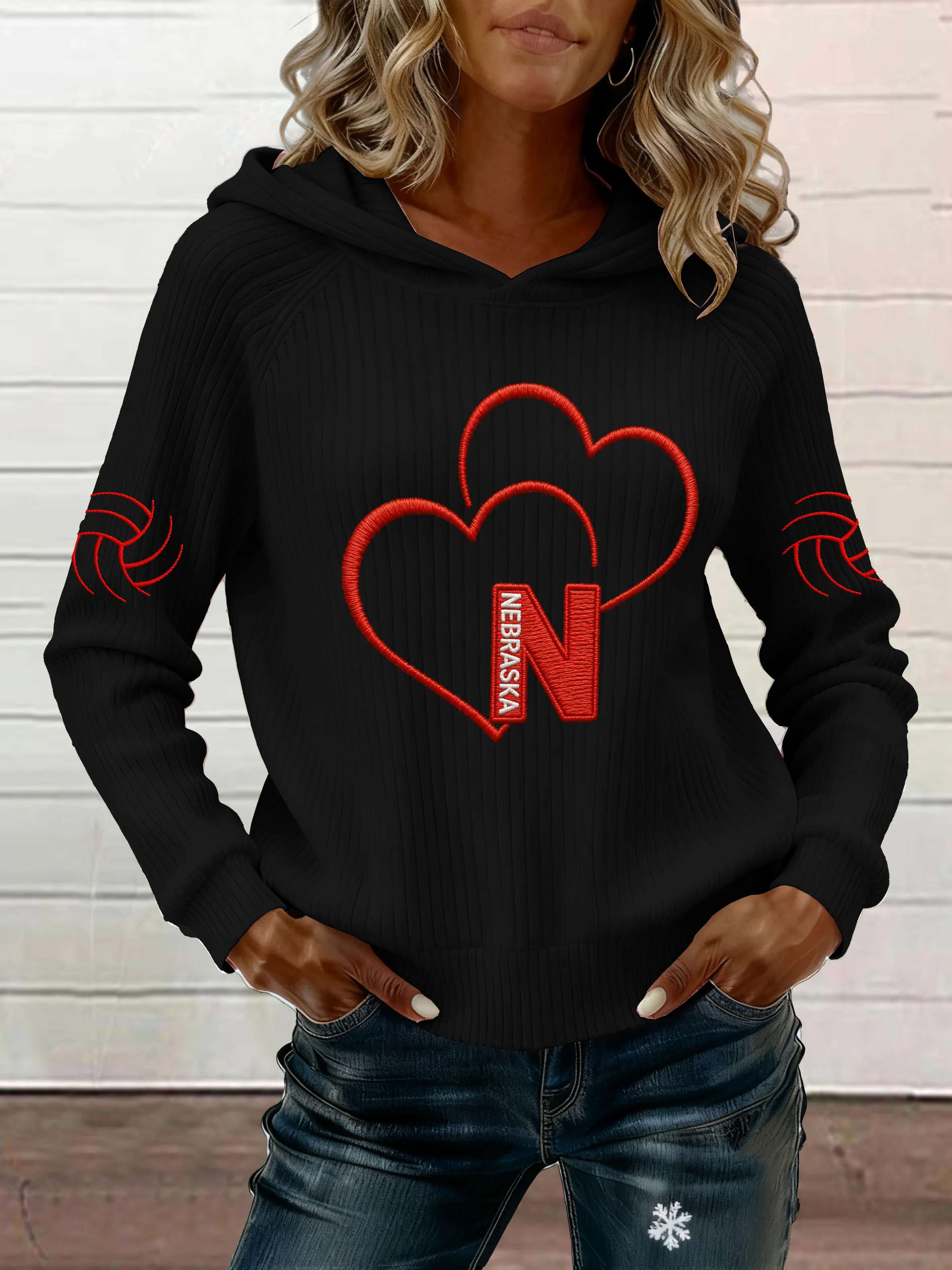 Women's Retro Volleyball Print Ribbed Hoodie