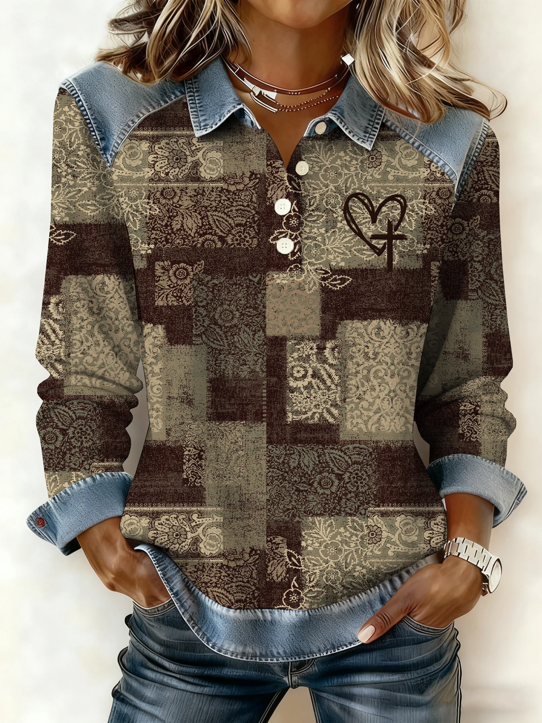 Women's Winter Retro Western Style Denim Print Top