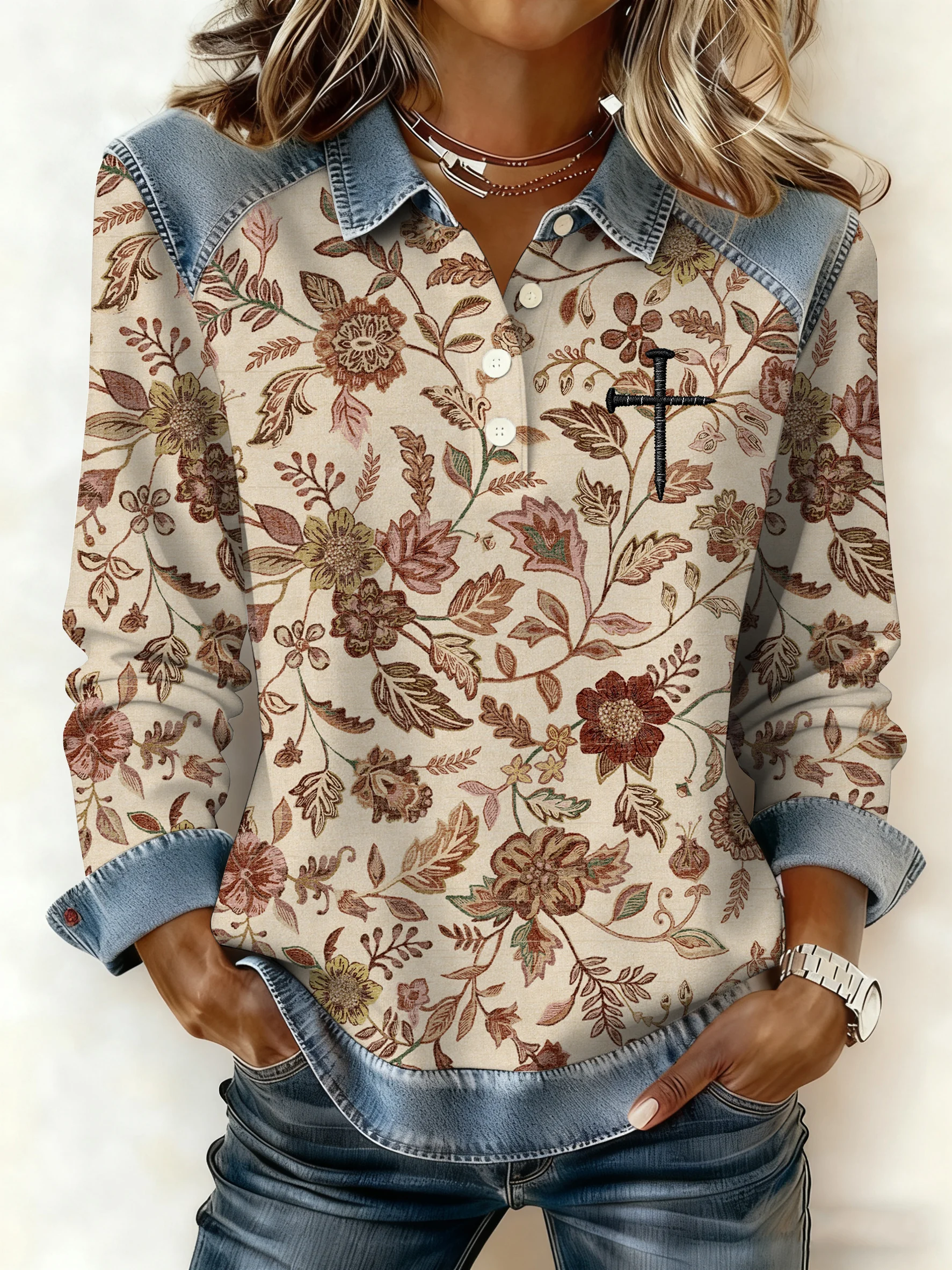 Women's Winter Retro Western Style Denim Print Top