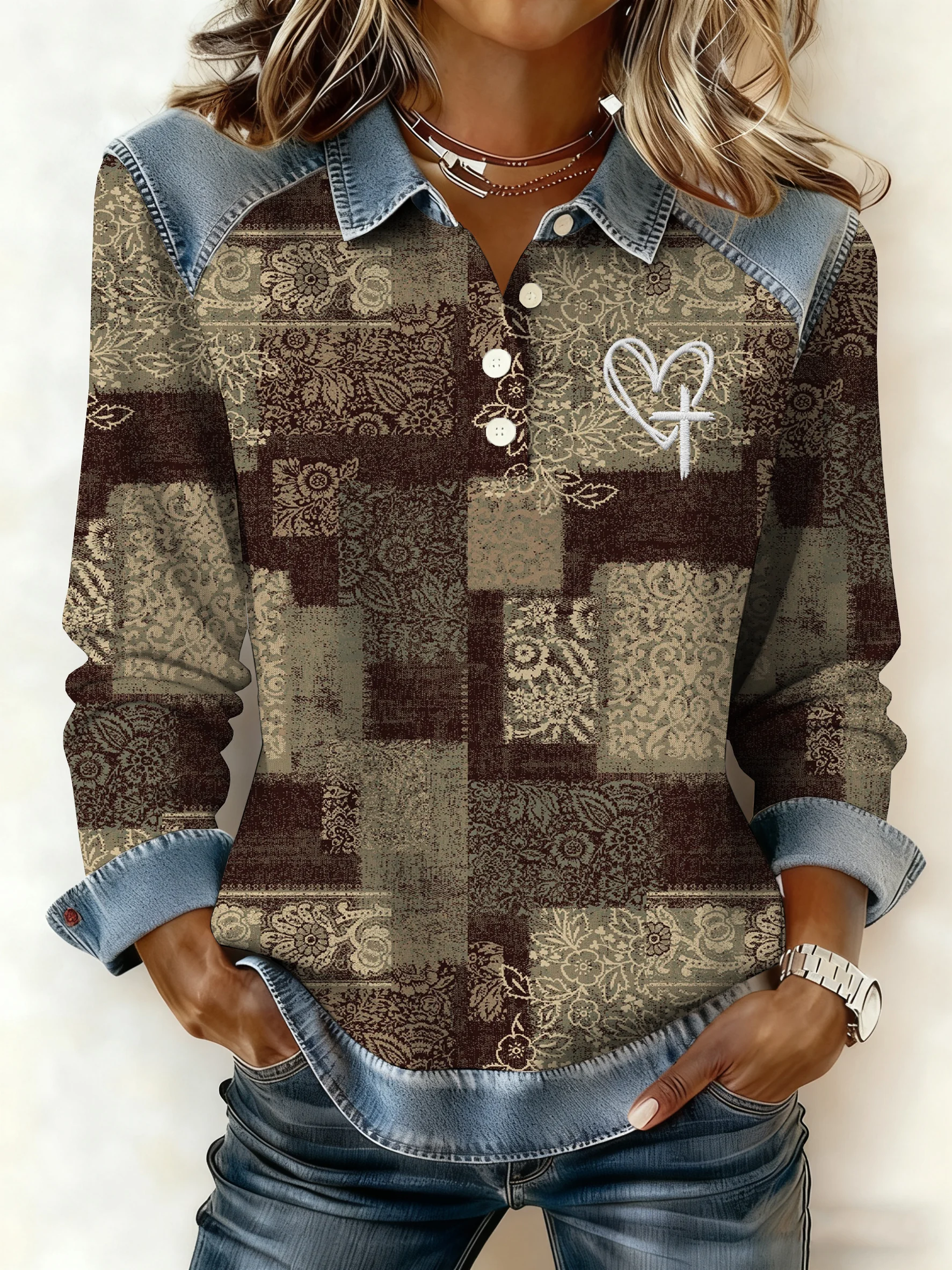 Women's Winter Retro Western Style Denim Print Top