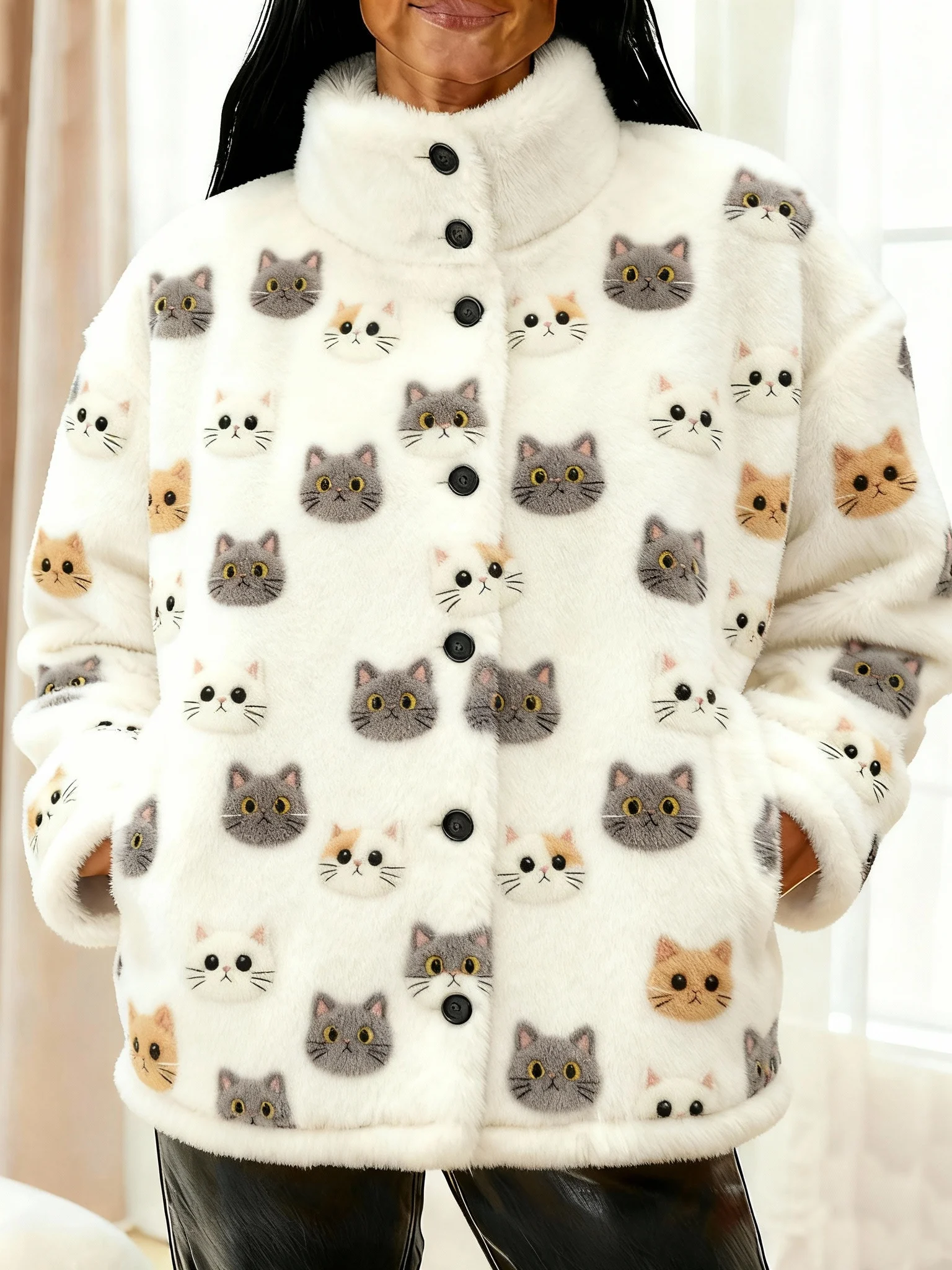 Women's Fun Cat Print Casual Warm Flannel Jacket