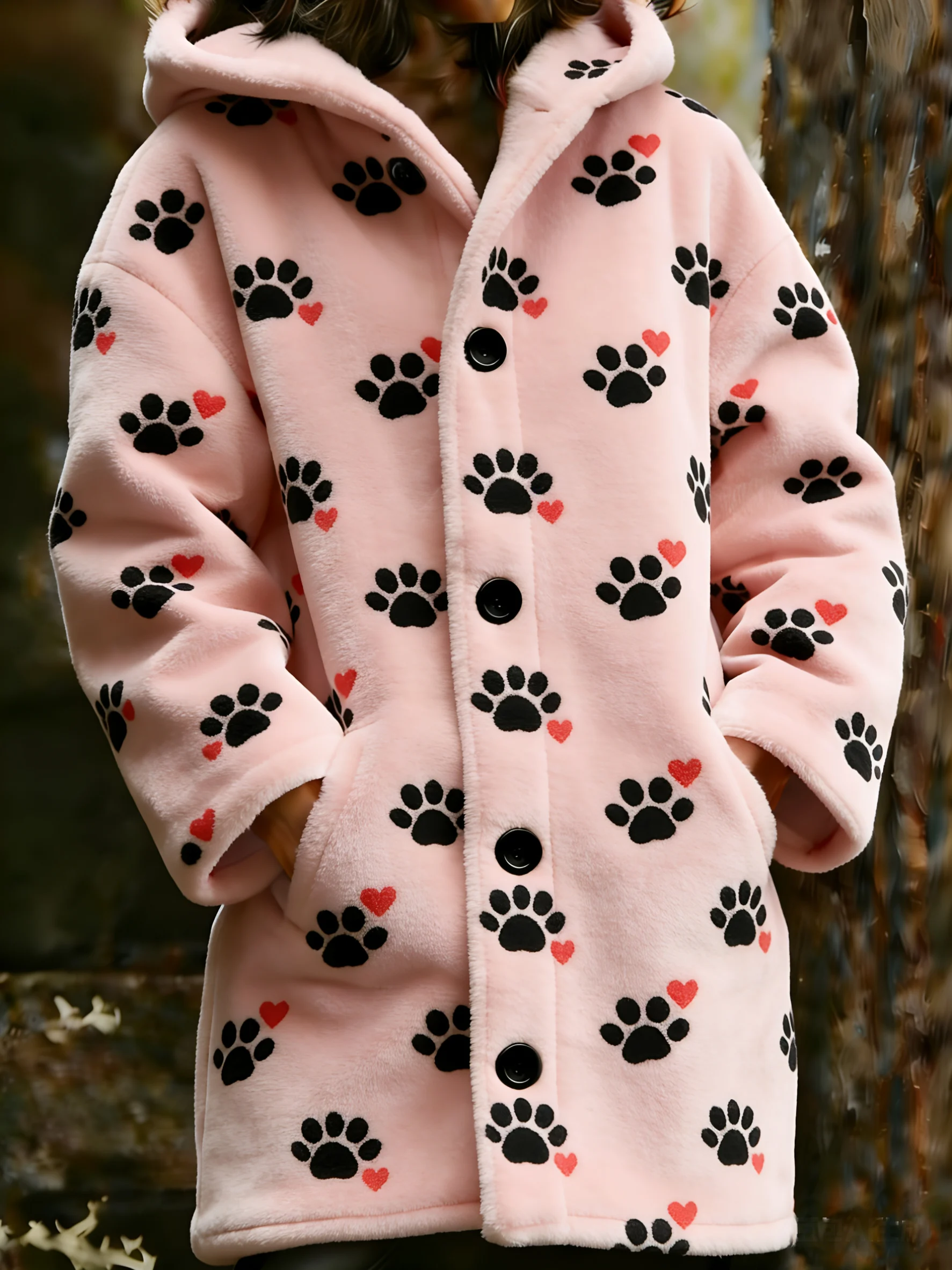 Women's Animal Paw Print Flannel Warm Jacket