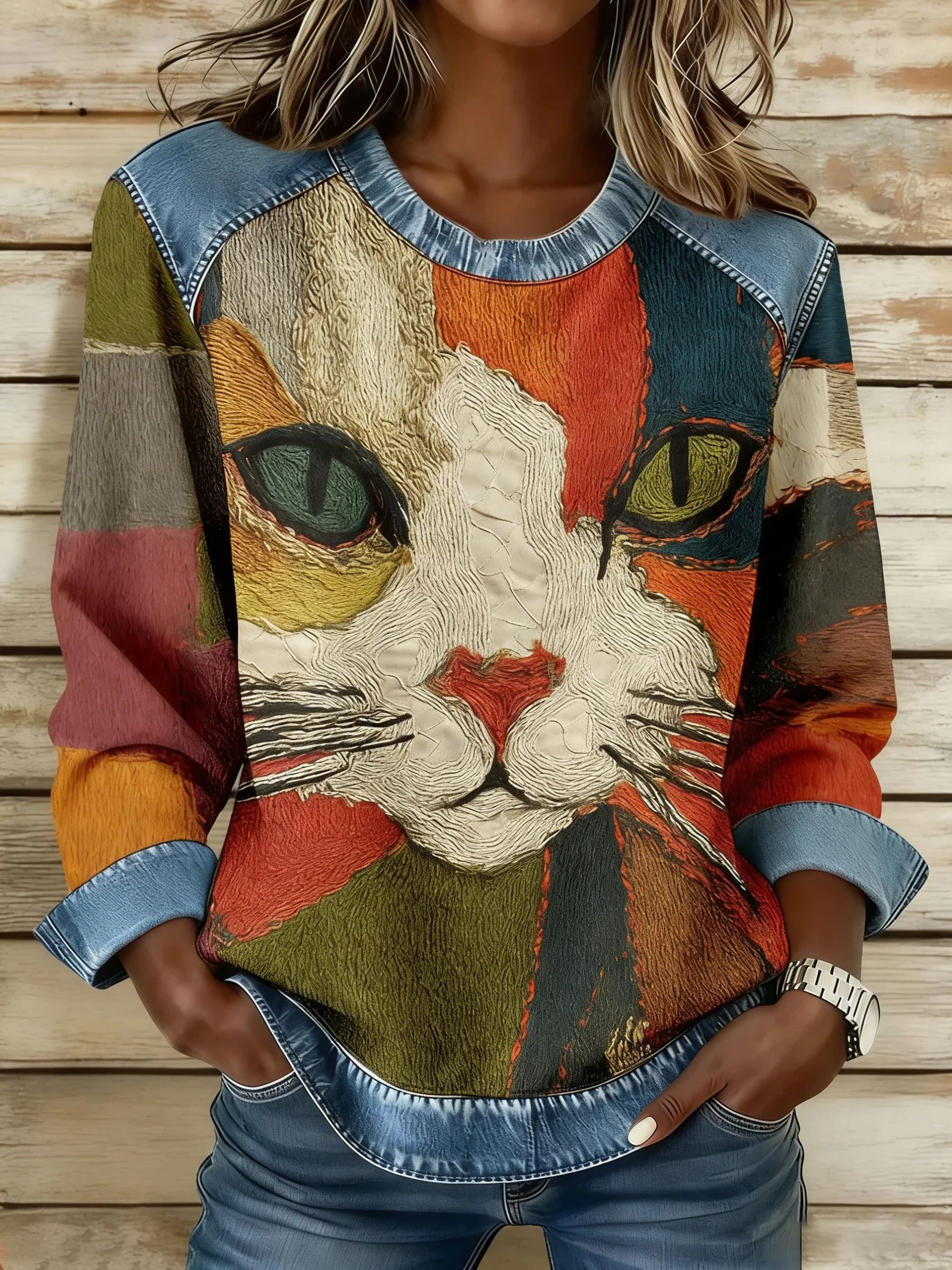 Women's Art Geometric Cat Print Tops
