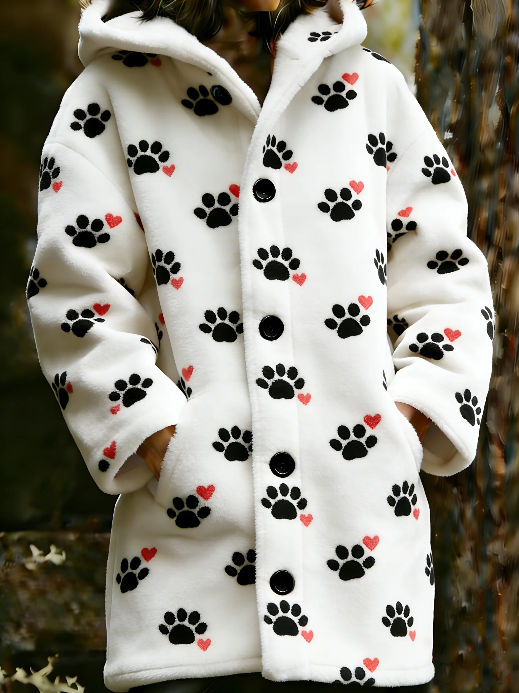 Women's Animal Paw Print Flannel Warm Jacket
