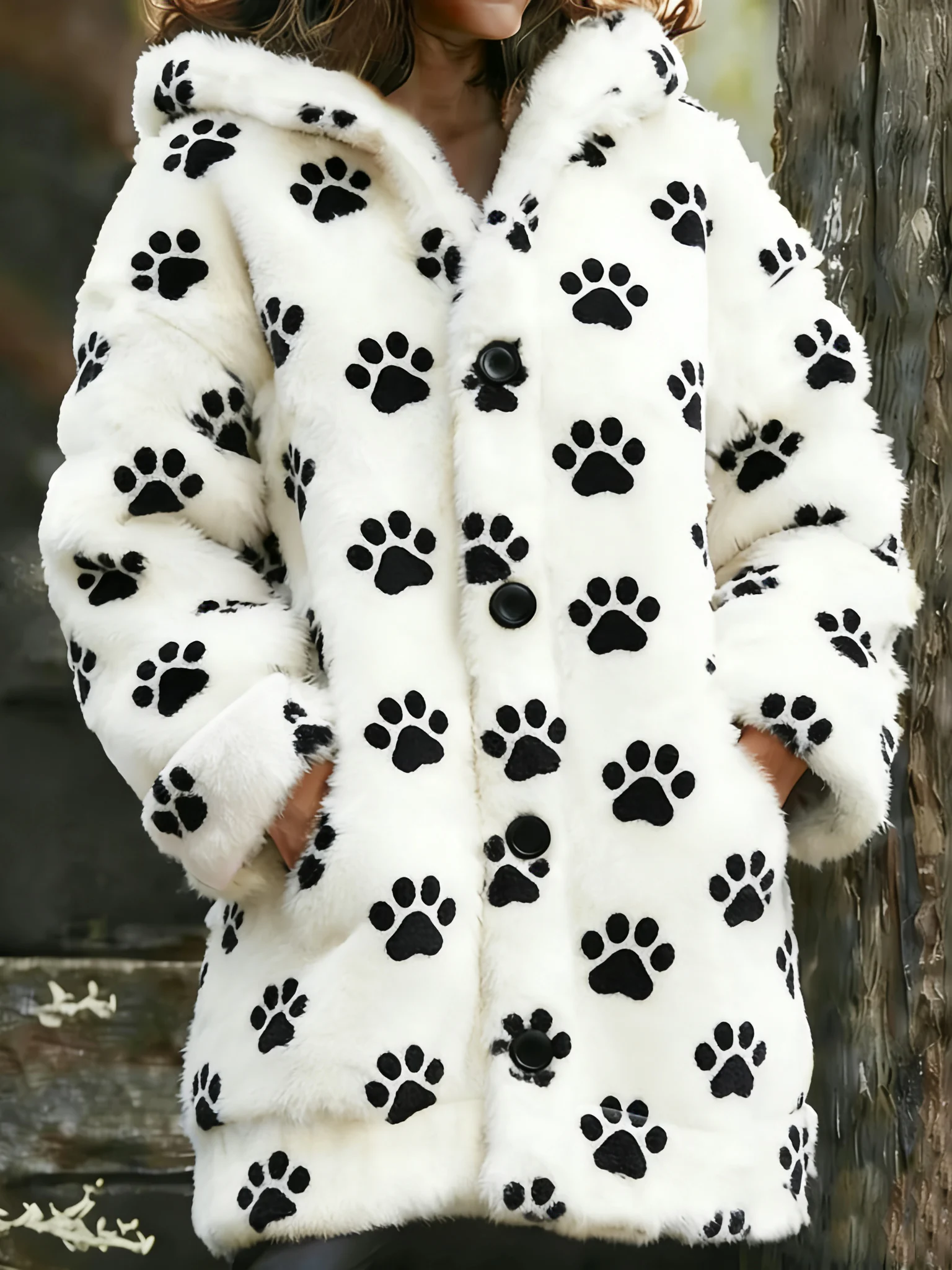 Women's Animal Paw Print Flannel Warm Jacket
