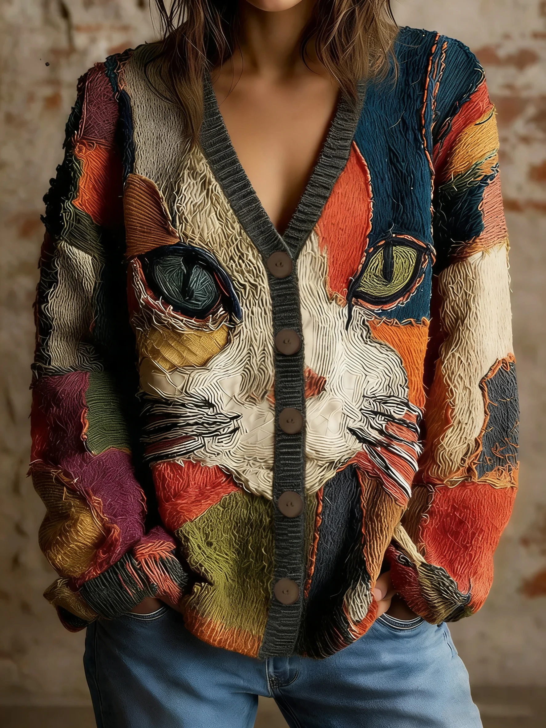 Women's Art Geometric Cat Print Cardigan