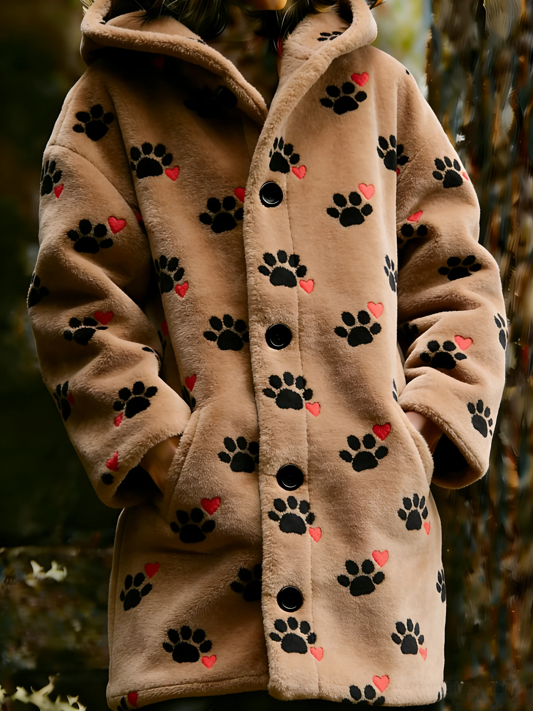 Women's Animal Paw Print Flannel Warm Jacket