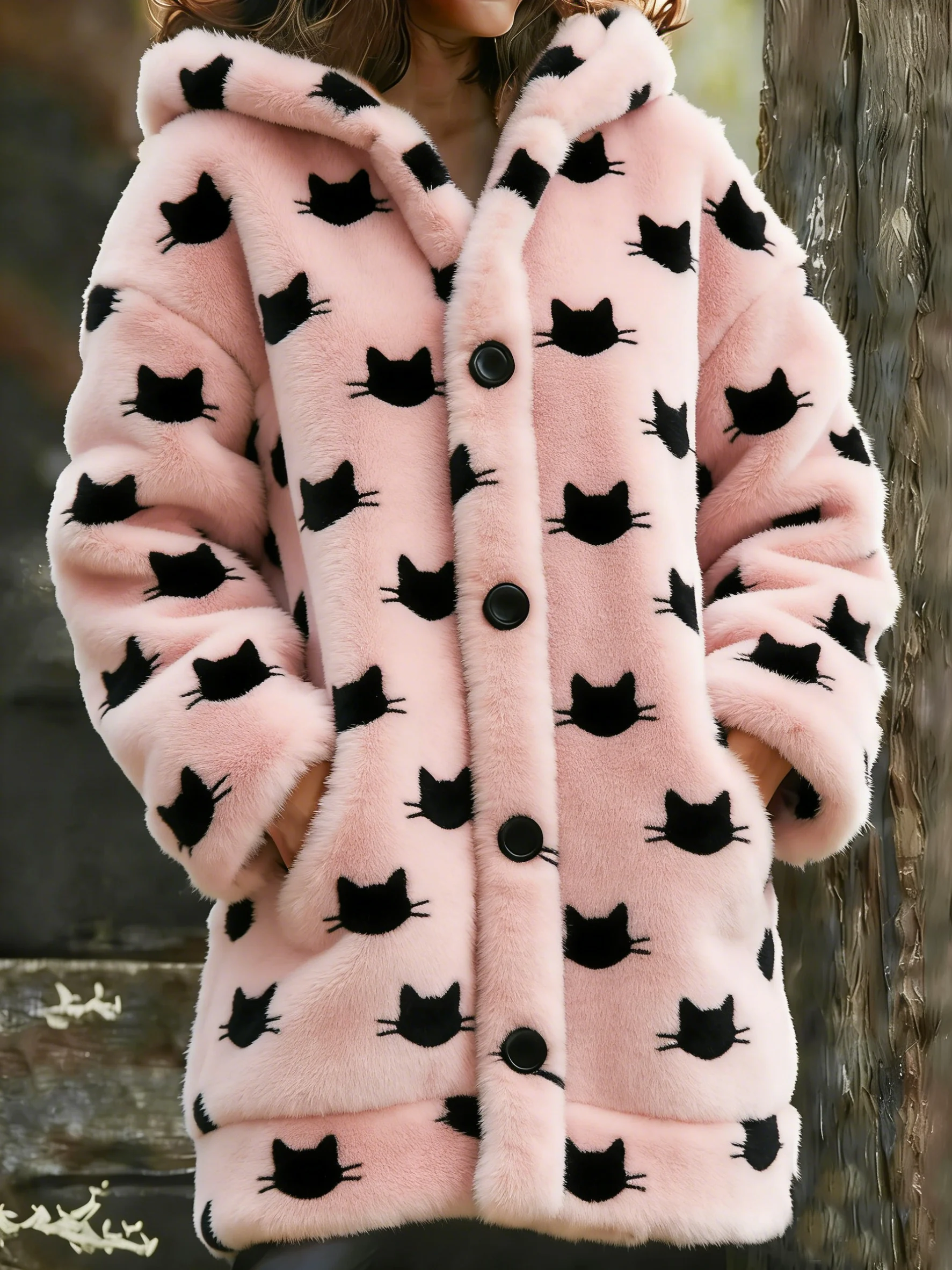 Women's Animal Cat Print Flannel Warm Jacket