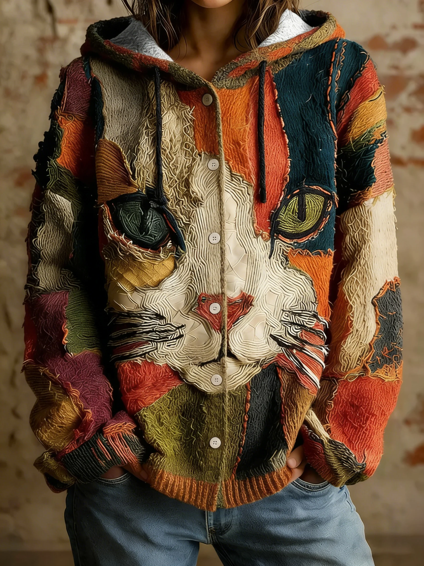 Women's Art Geometric Cat Print Cardigan