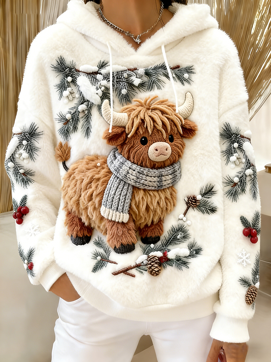 Women's Winter Cute Highland Cow Flannel Hoodie