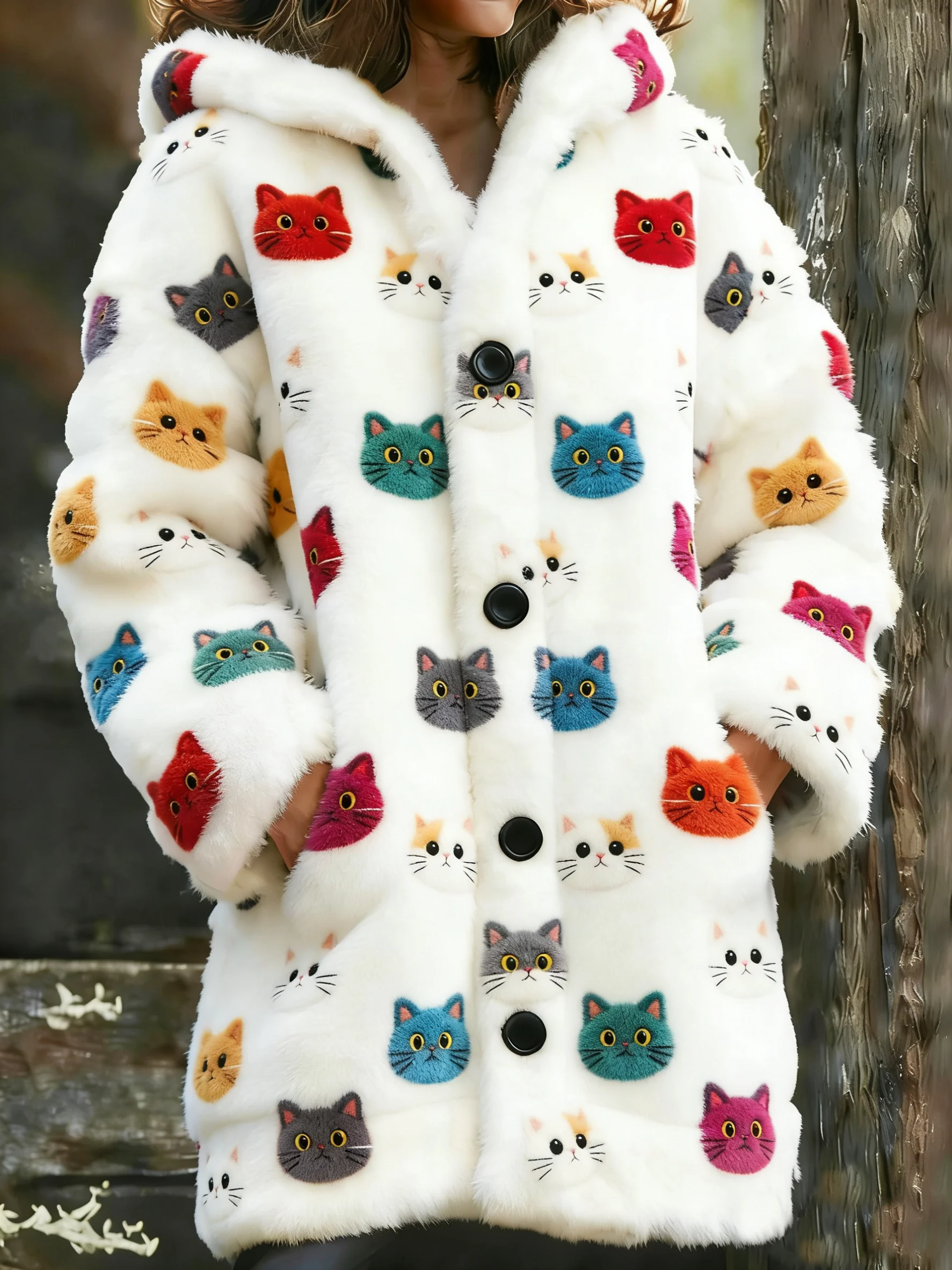 Women's Animal Cat Print Flannel Warm Jacket