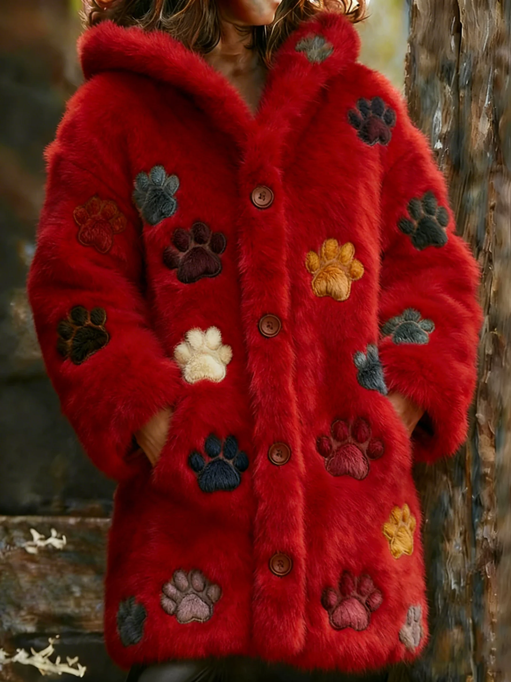 Women's Animal Paw Print Flannel Warm Jacket