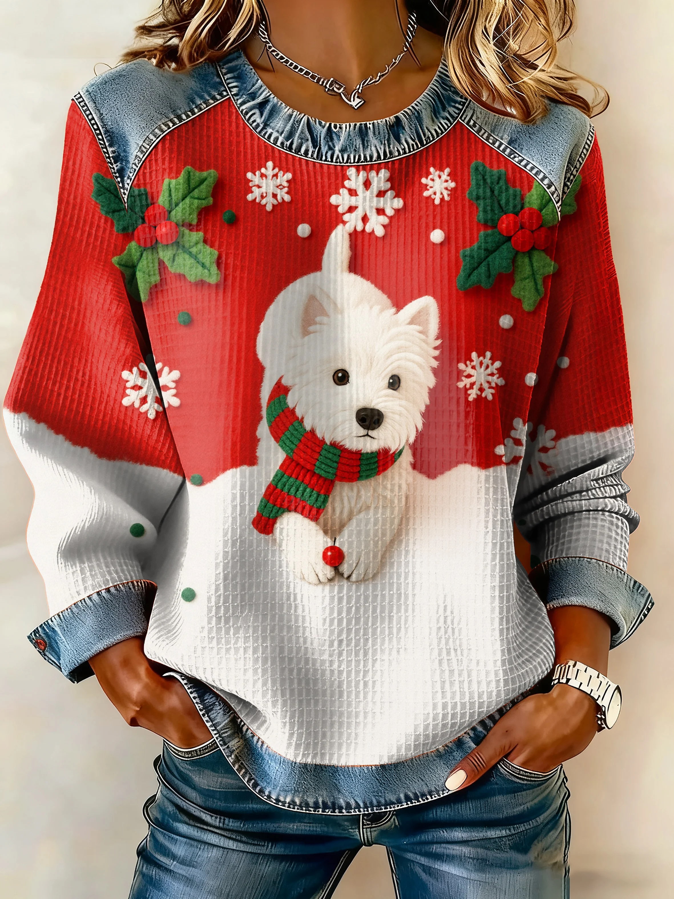 ❤️Buy 3 Get 12% OFF❤️Women's Casual Retro Christmas Dog Waffle Sweatshirt