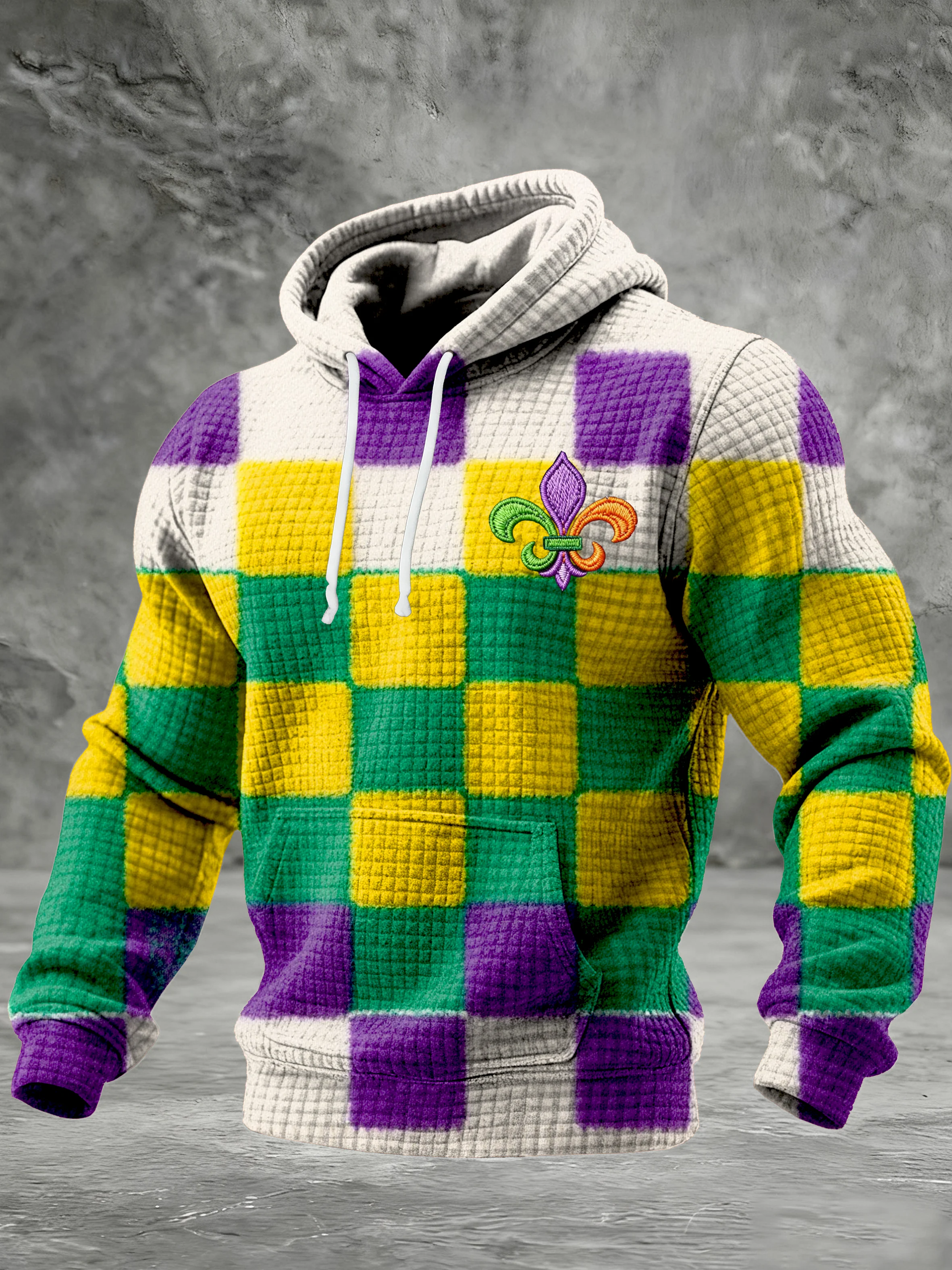 Men's Mardi Gras Print Checkered Fabric Hooded Sweatshirt