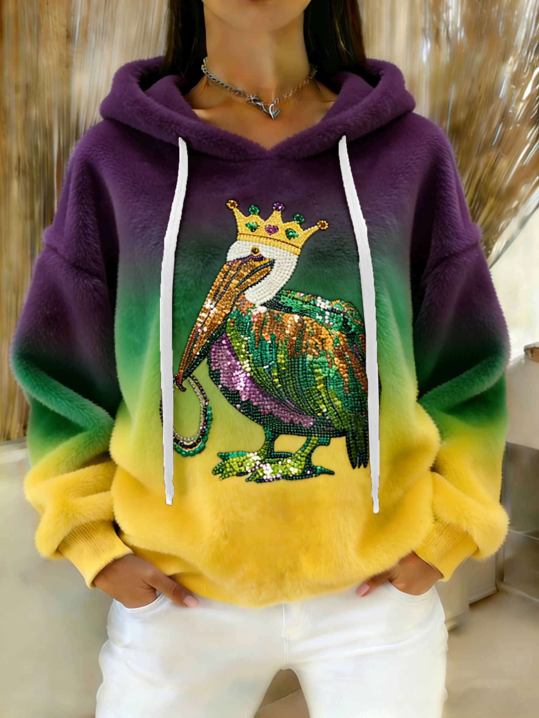 Women's Retro Mardi Gras Art Print Comfortable Flannel Hooded Sweatshirt