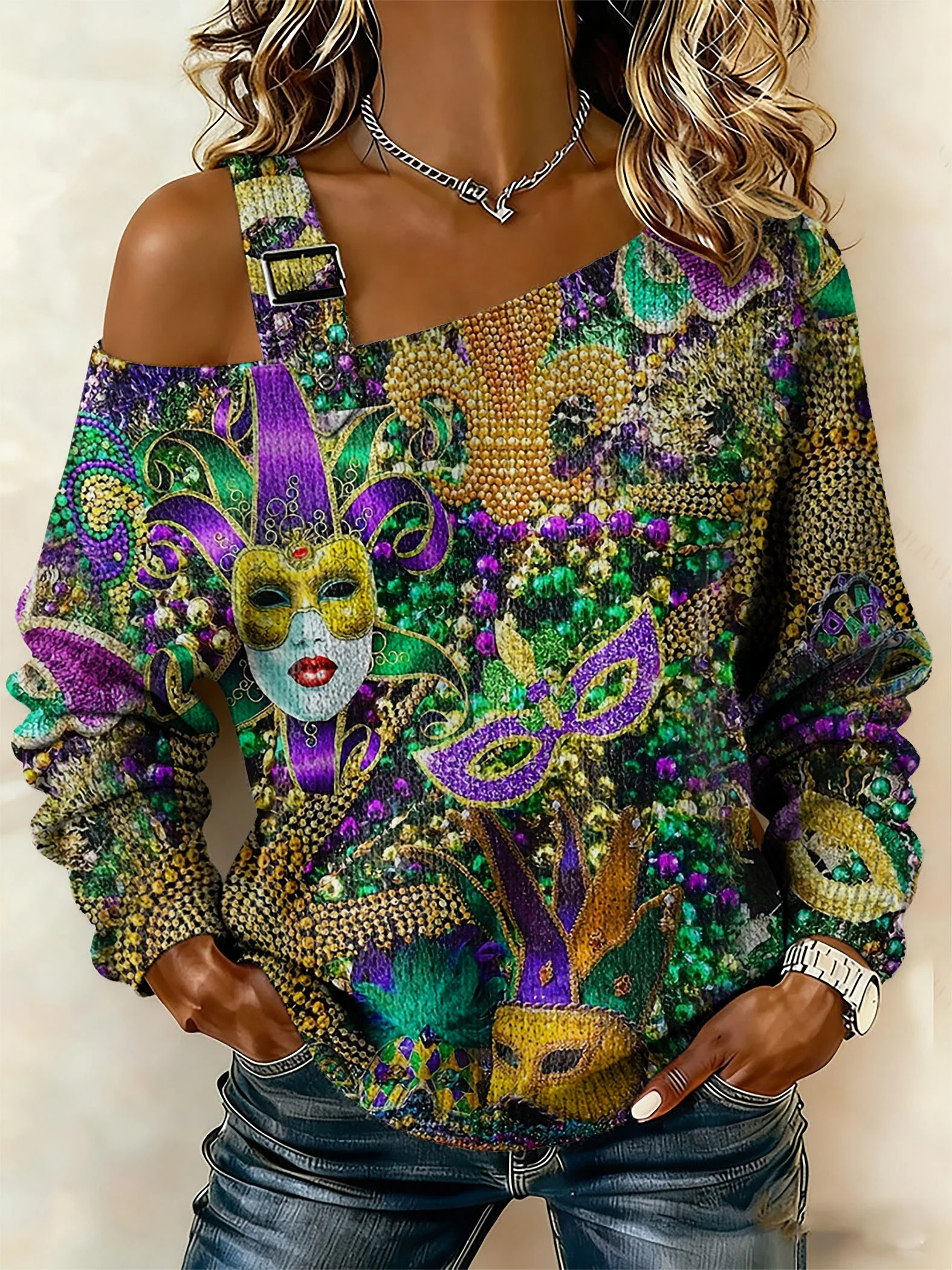 Women's Retro Mardi Gras Printed Sweatshirt