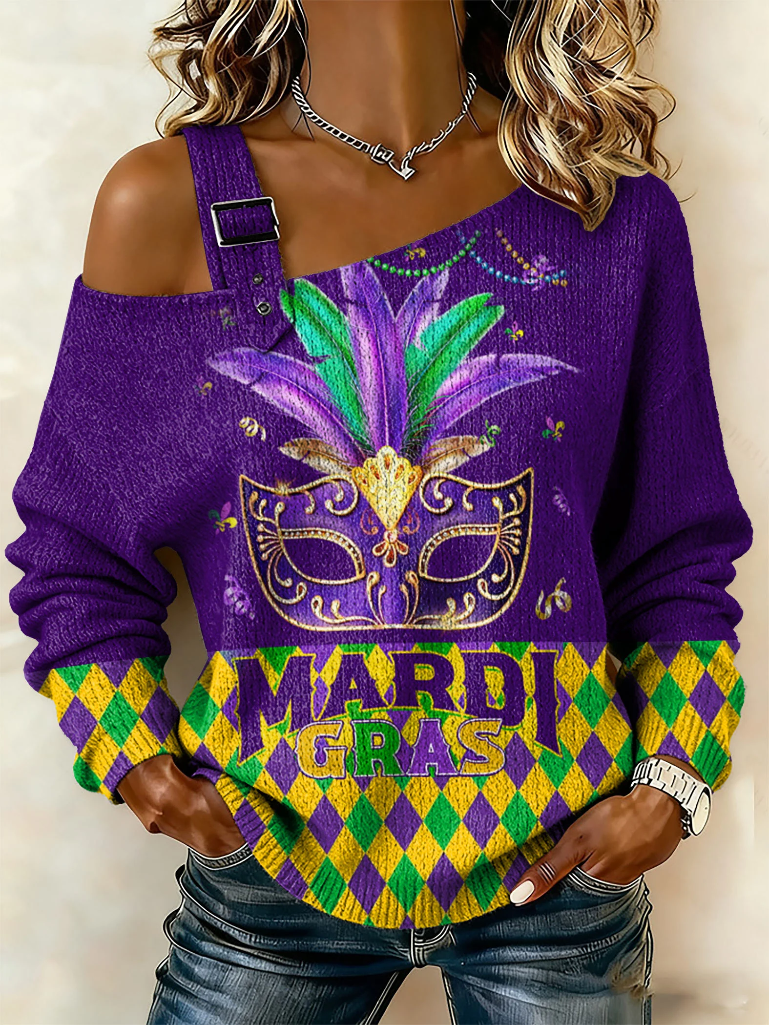 Women's Retro Mardi Gras Printed Sweatshirt