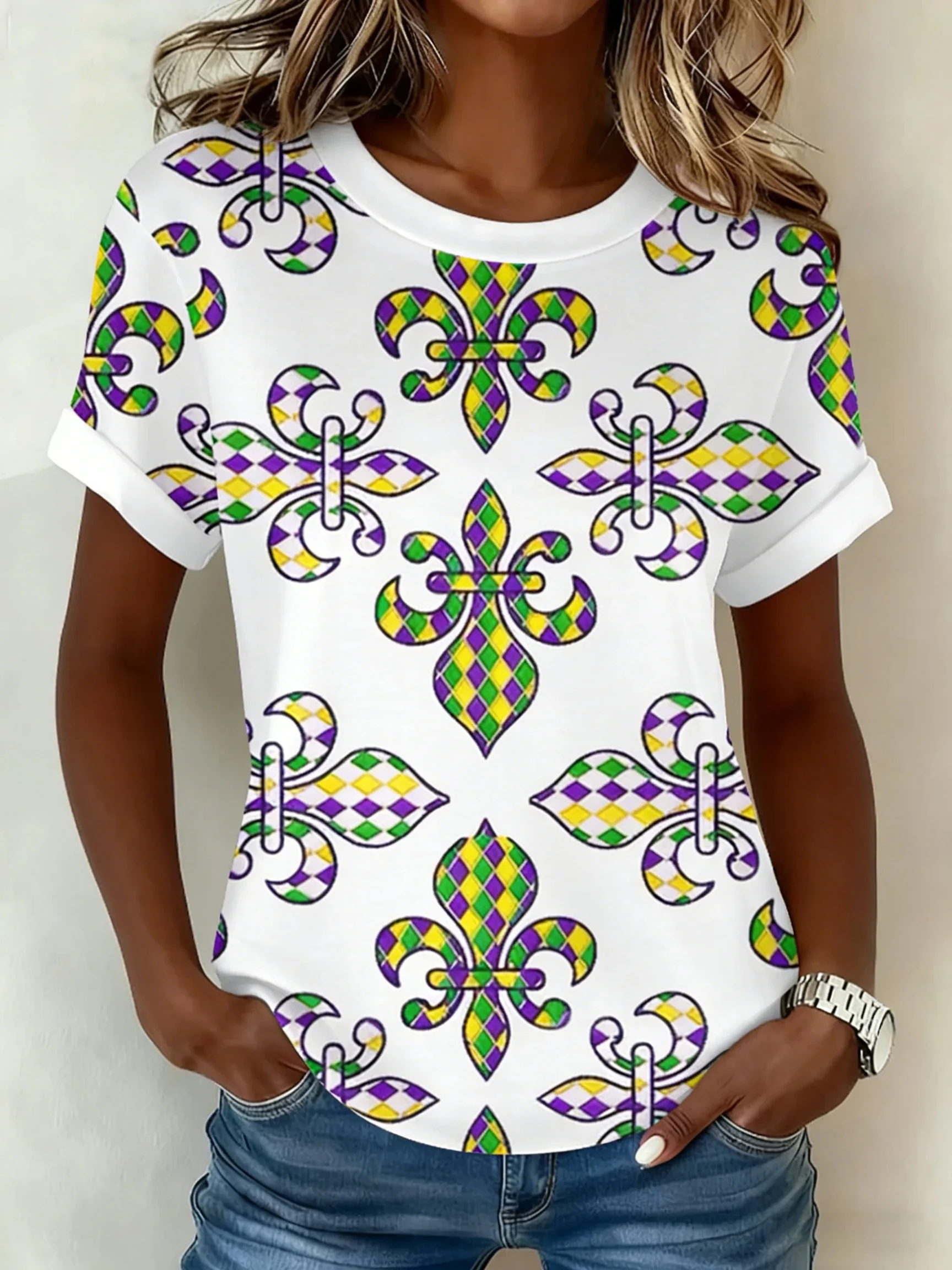 Women's Mardi Gra Printed Short-Sleeved T-Shirt