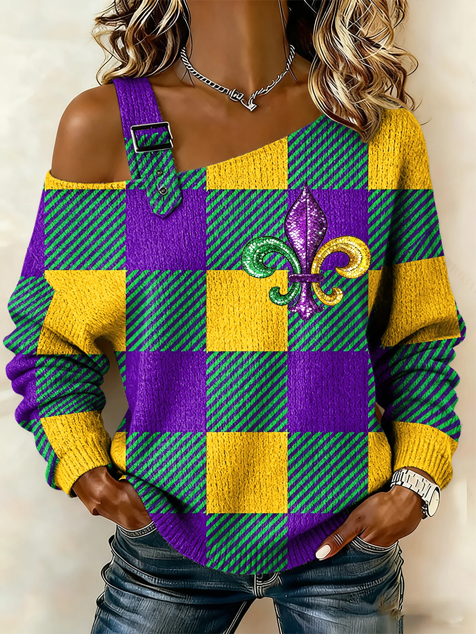 Women's Retro Mardi Gras Printed Sweatshirt