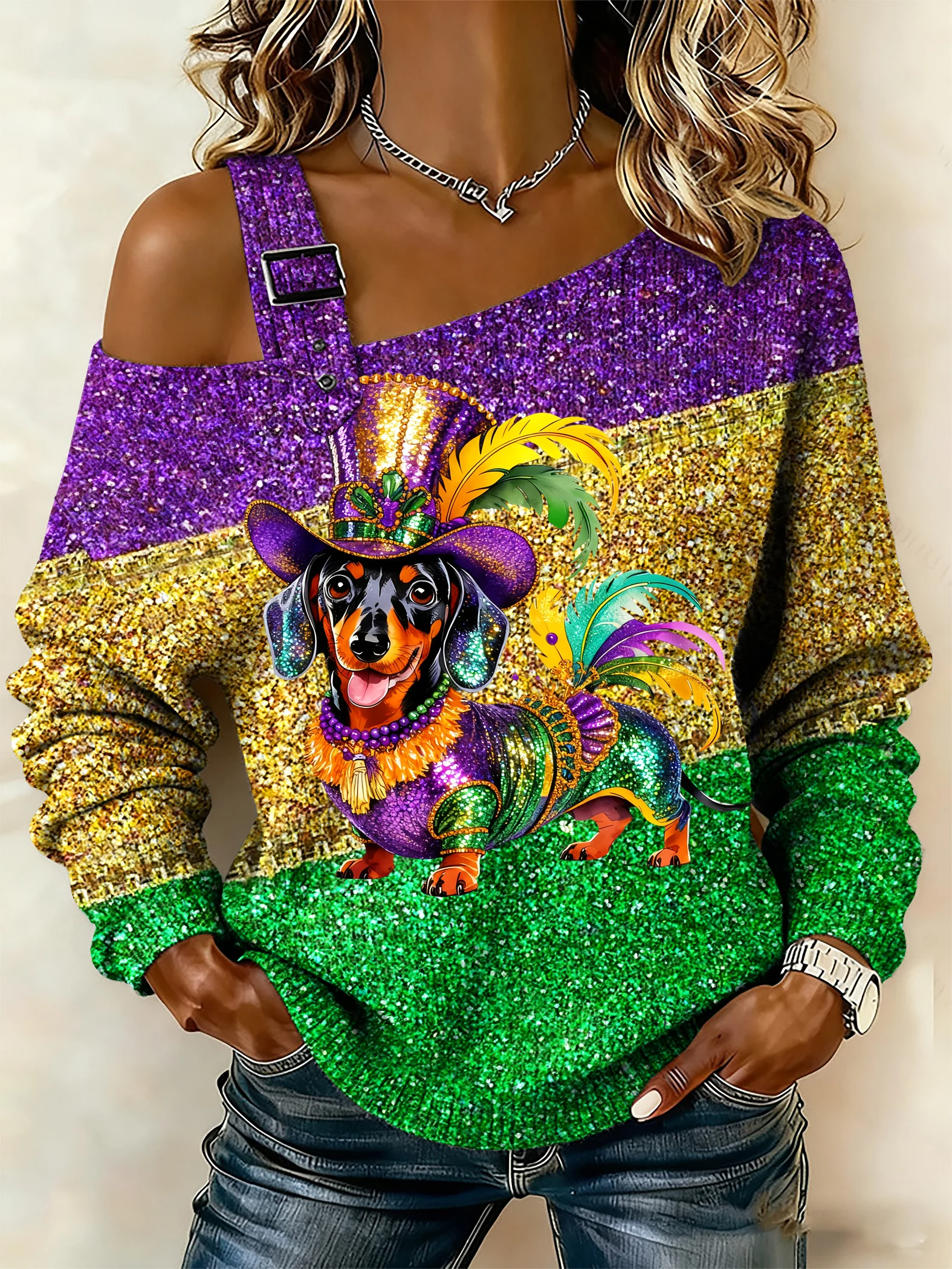 Women's Retro Mardi Gras Printed Sweatshirt
