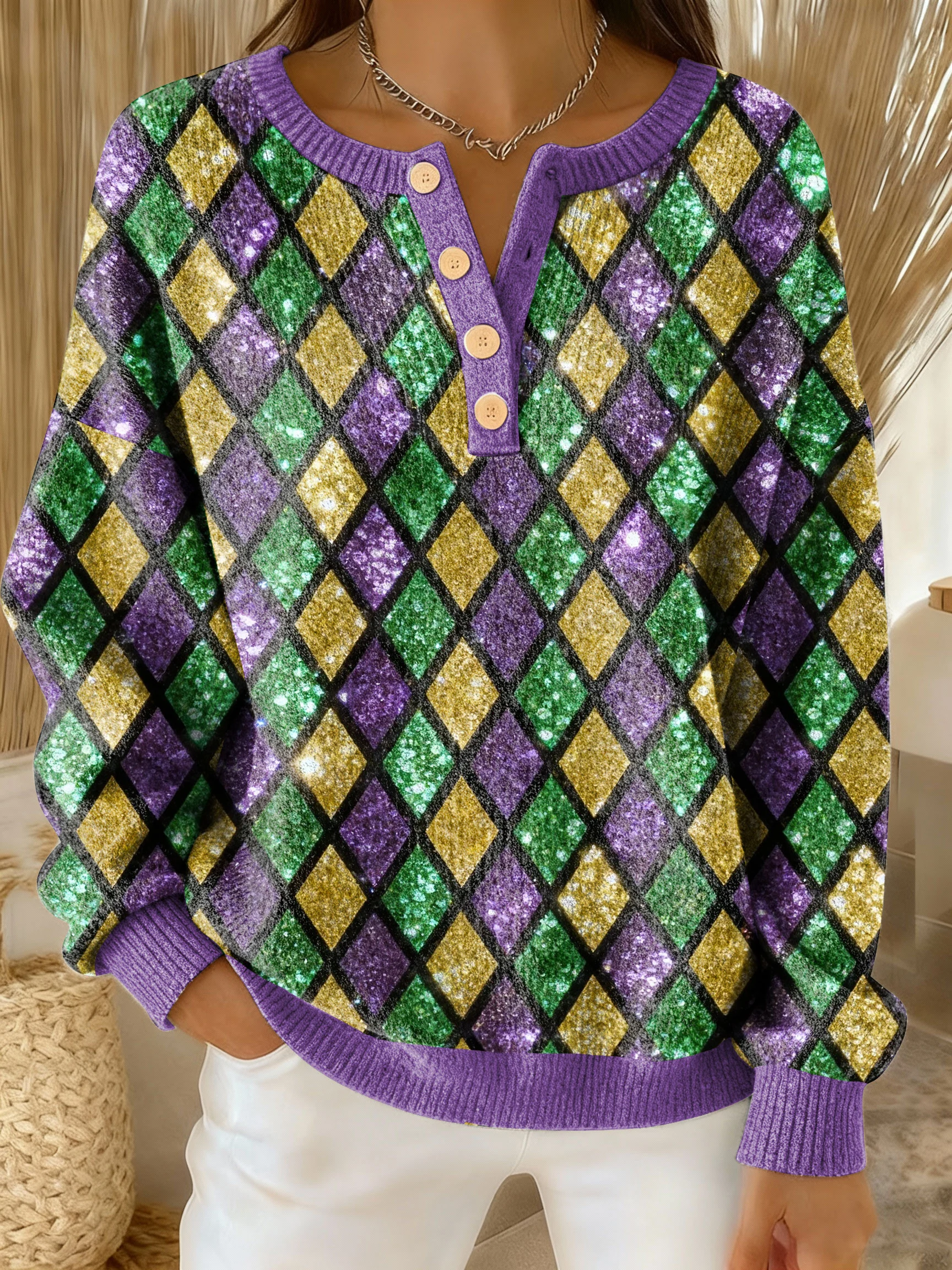 Women's Mardi Gras Print Knit Button-Up Sweatshirt