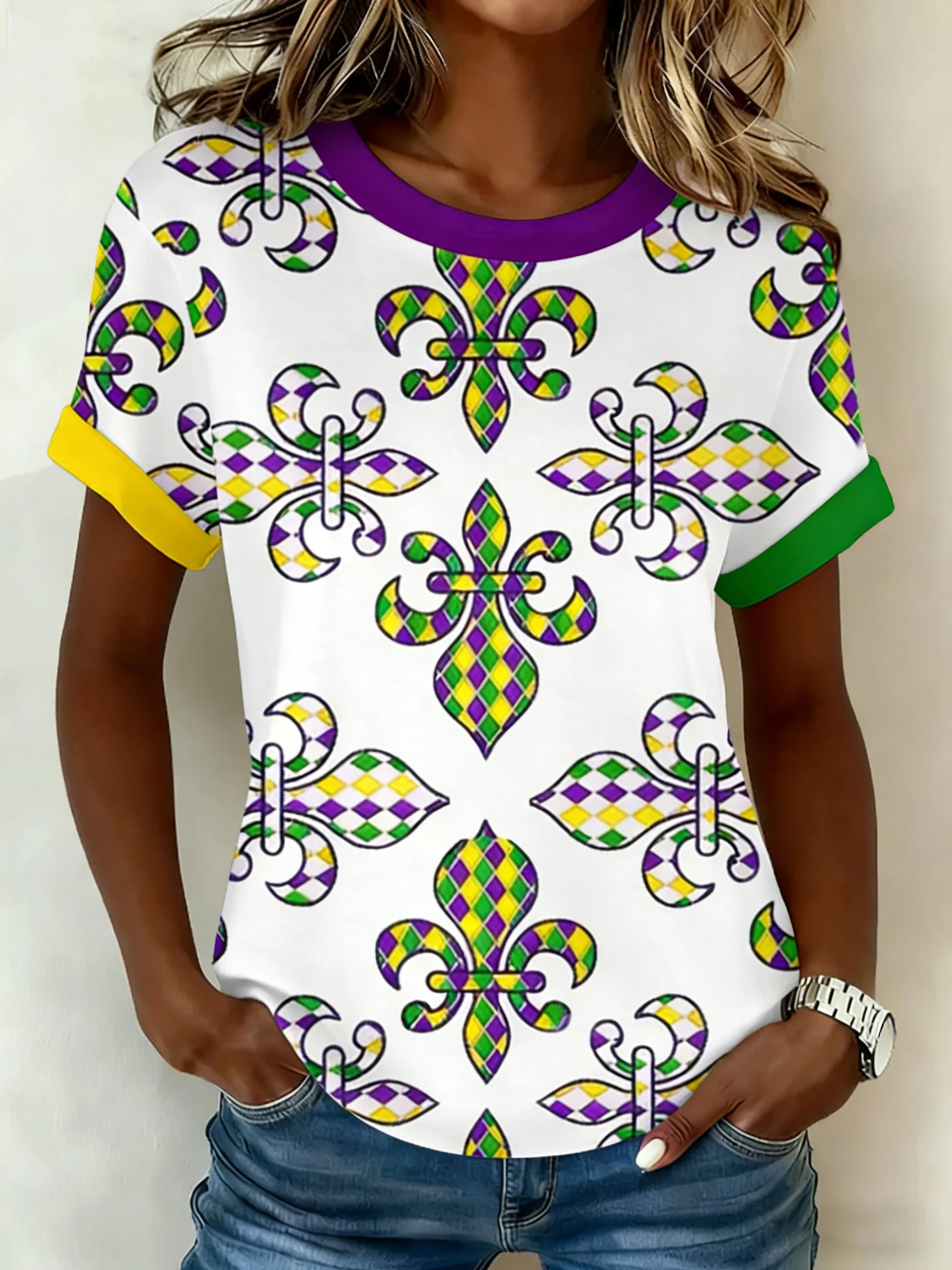 Women's Mardi Gra Printed Short-Sleeved T-Shirt