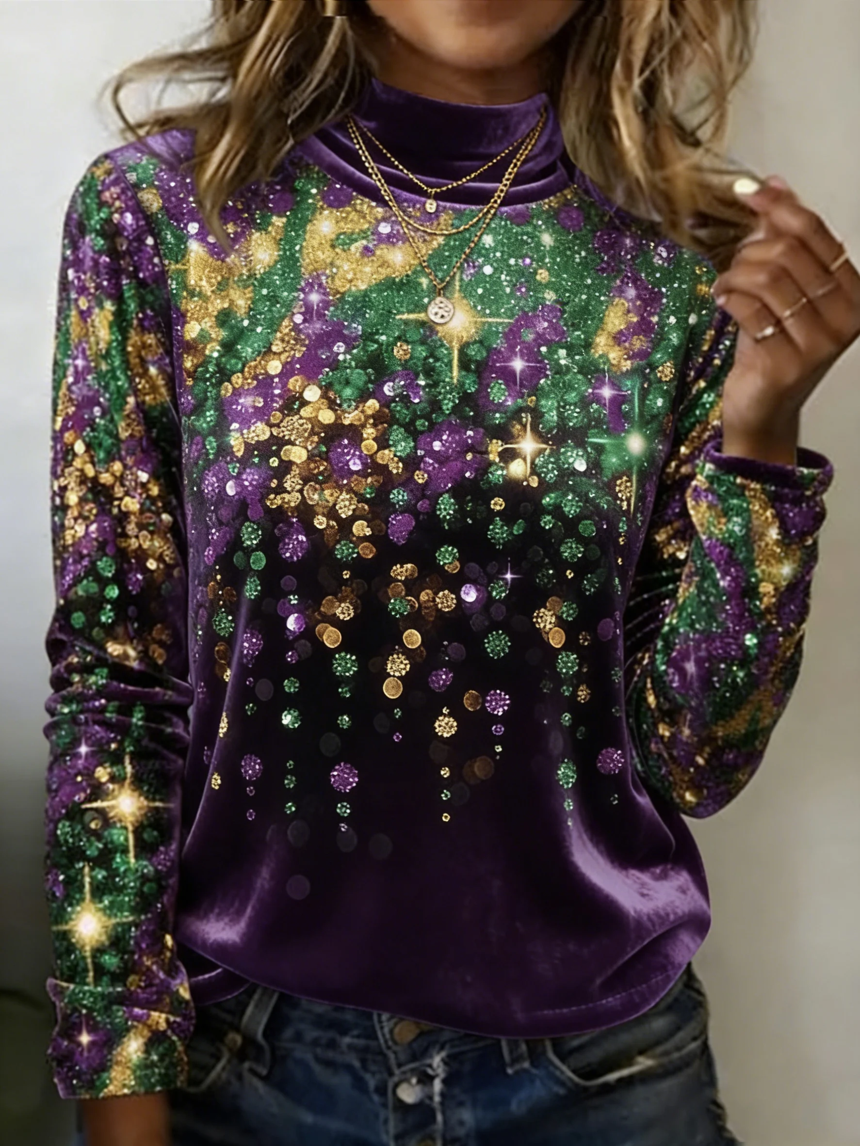 Women's Autumn/Winter Mardi Gras Print Velvet Casual Top