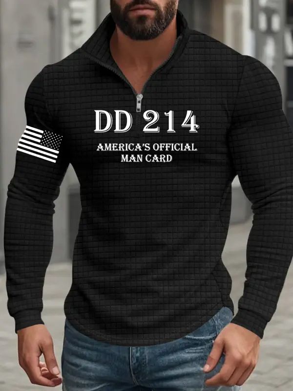 Men's American Retro Autumn And Winter Half-Zip Small Plaid DD214 Pattern Casual Stand-Up Collar Long-Sleeved Sweatshirt