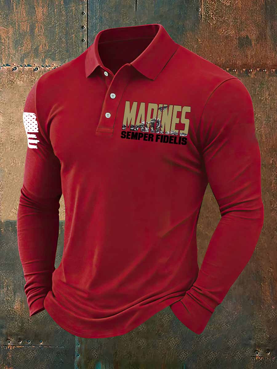 Marines Semper Fidelis To Fight Print Casual Long Sleeve Polo Shirt