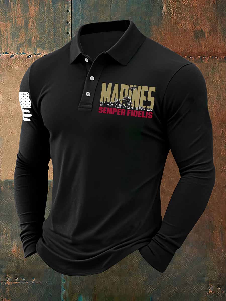 Marines Semper Fidelis To Fight Print Casual Long Sleeve Polo Shirt