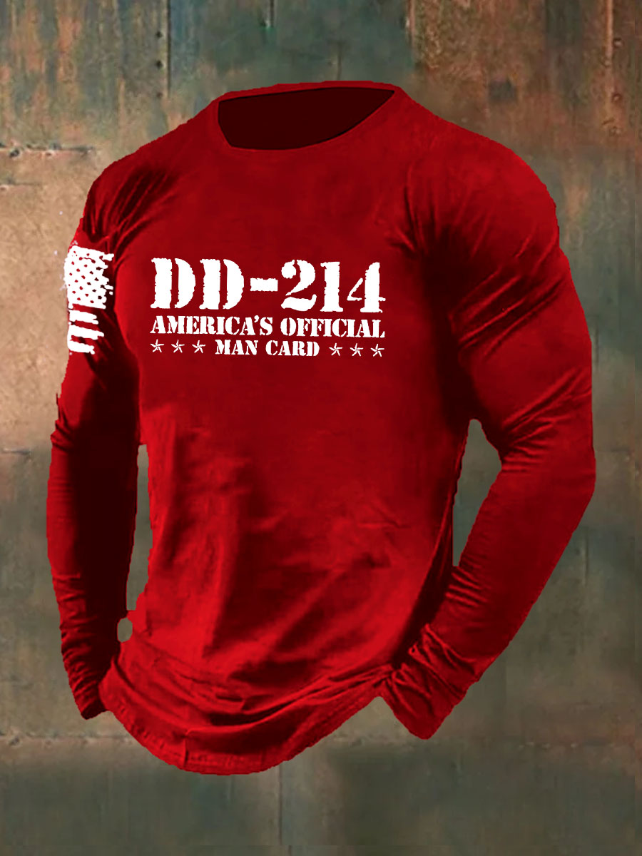 DD-214 American`s Offical Man Card Printed Long Sleeve Cotton T-Shirt