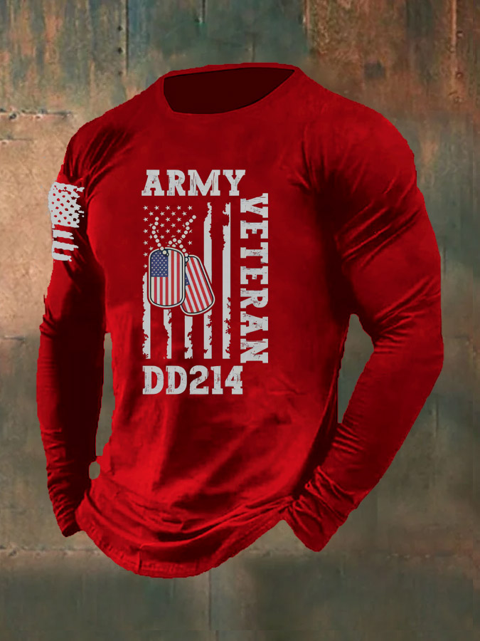 Men's Army Veteran DD214   Pattern Long Sleeve  100% Cotton T-Shirt