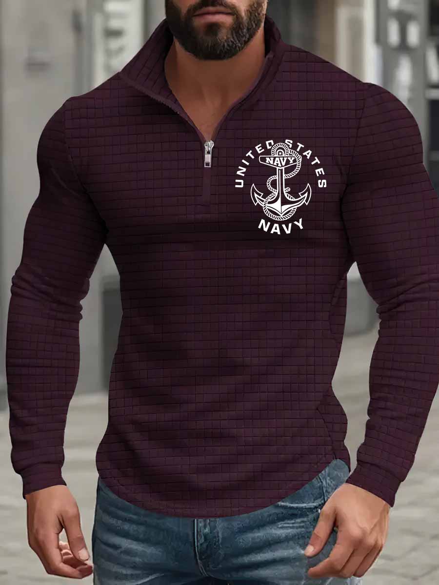 Men's US Navy Printed Half-Zip Casual Stand-Up Collar Long-Sleeved Sweatshirt