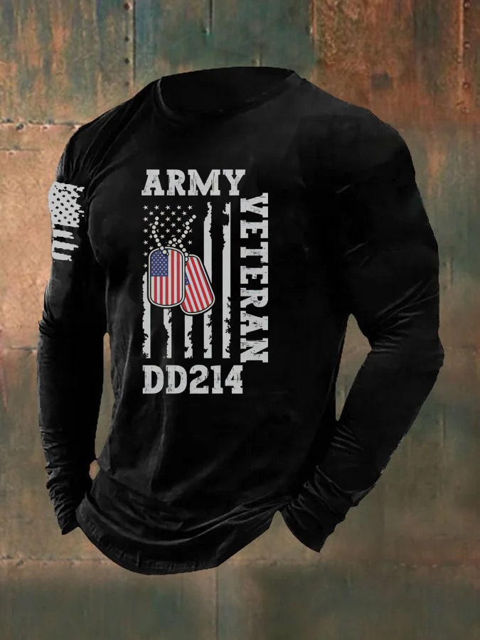 Men's Army Veteran DD214   Pattern Long Sleeve  100% Cotton T-Shirt
