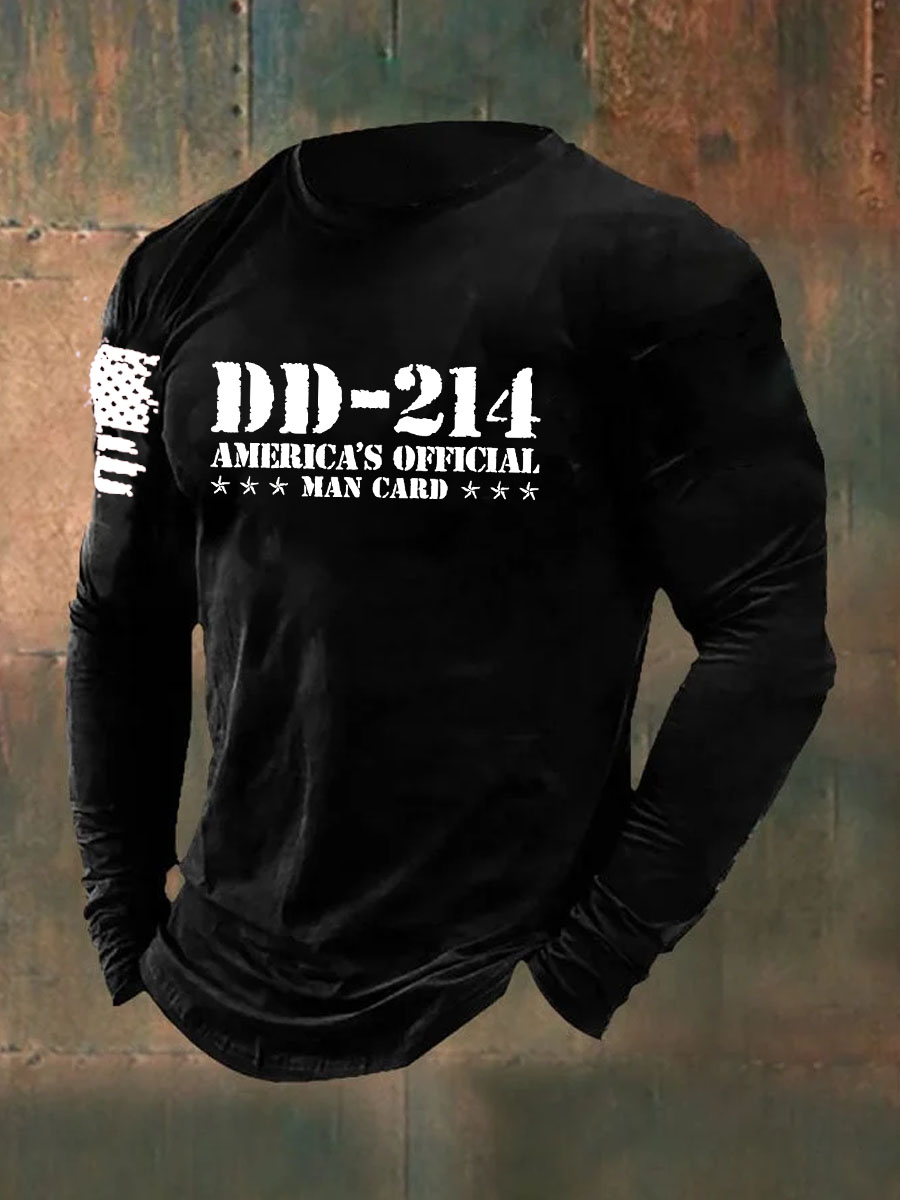 DD-214 American`s Offical Man Card Printed Long Sleeve Cotton T-Shirt