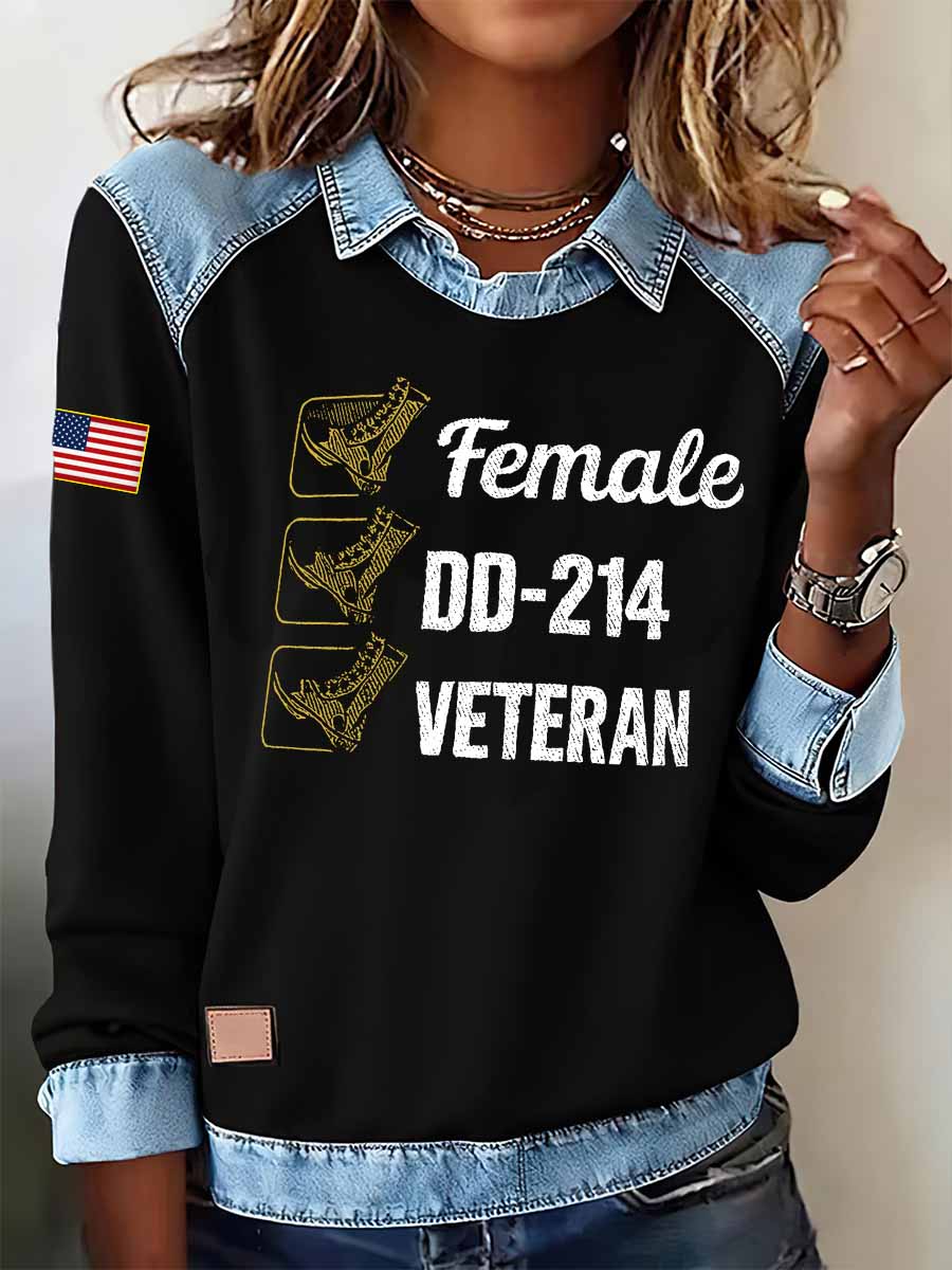 Women's Female DD-214 Veteran Print Lapel Long Sleeve Top