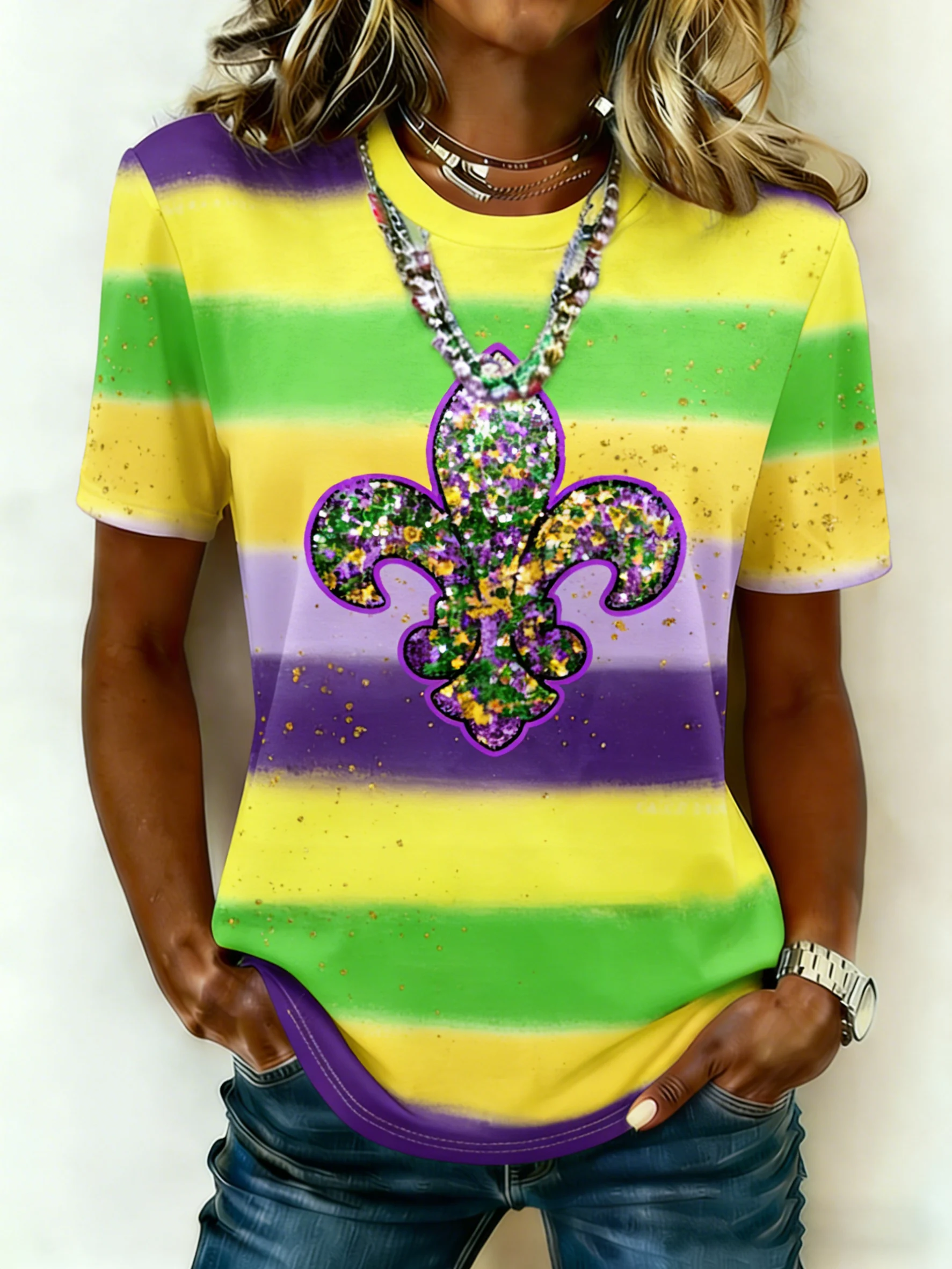 Women's Mardi Gras Print Crew Neck T-Shirt