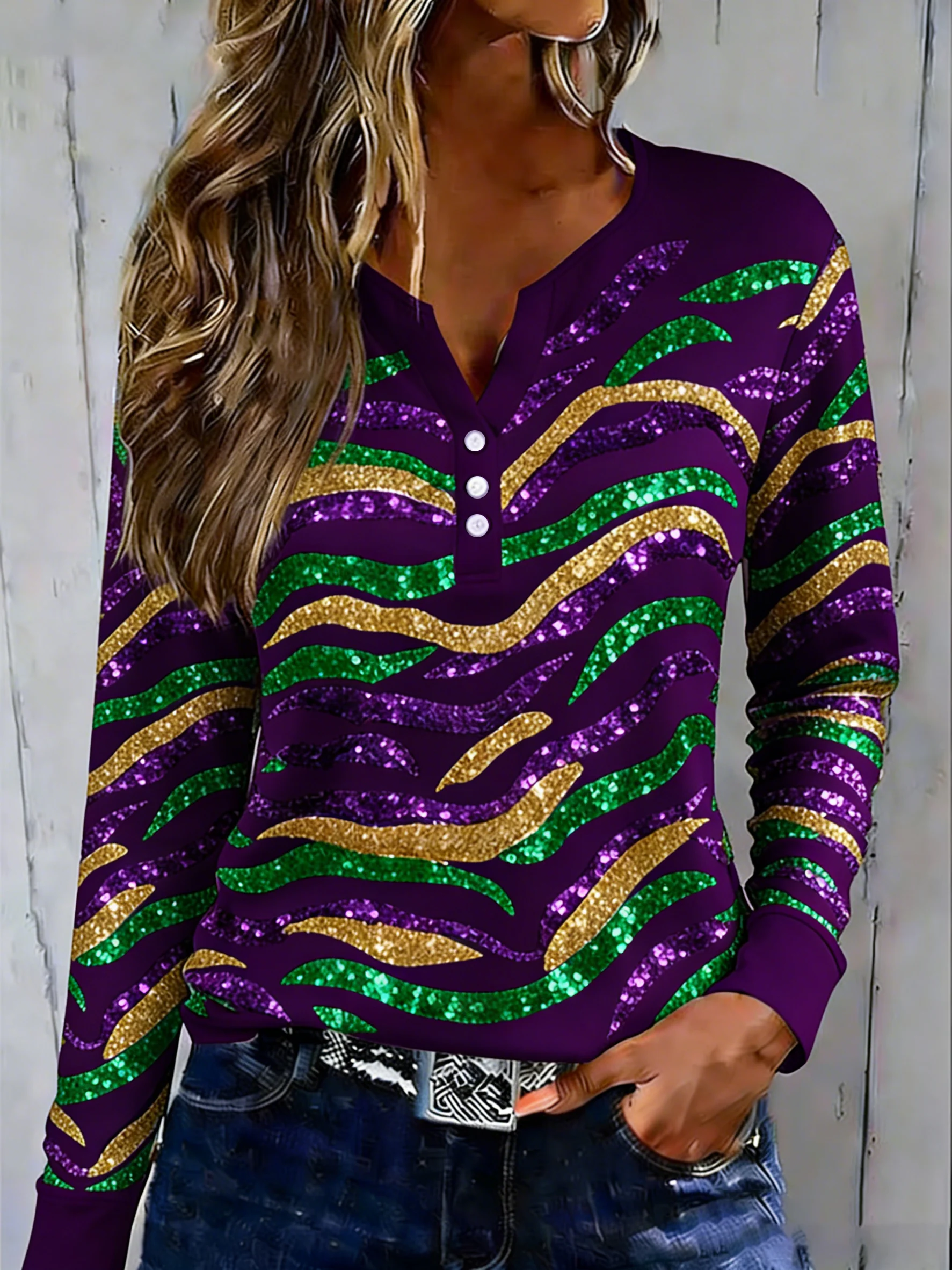 Women's Casual Fashion Mardi Gras Tiger Print Button-Down Base Layer Top