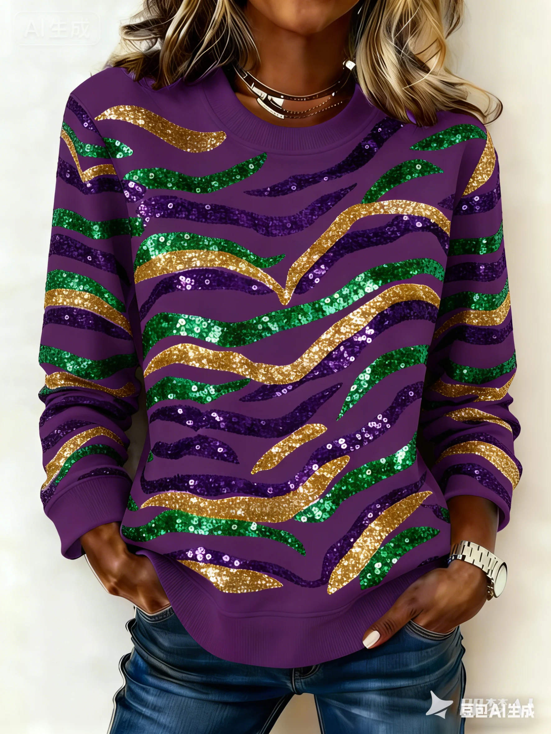 Women's Casual Fashion Mardi Gras Tiger Print Sweatshirt