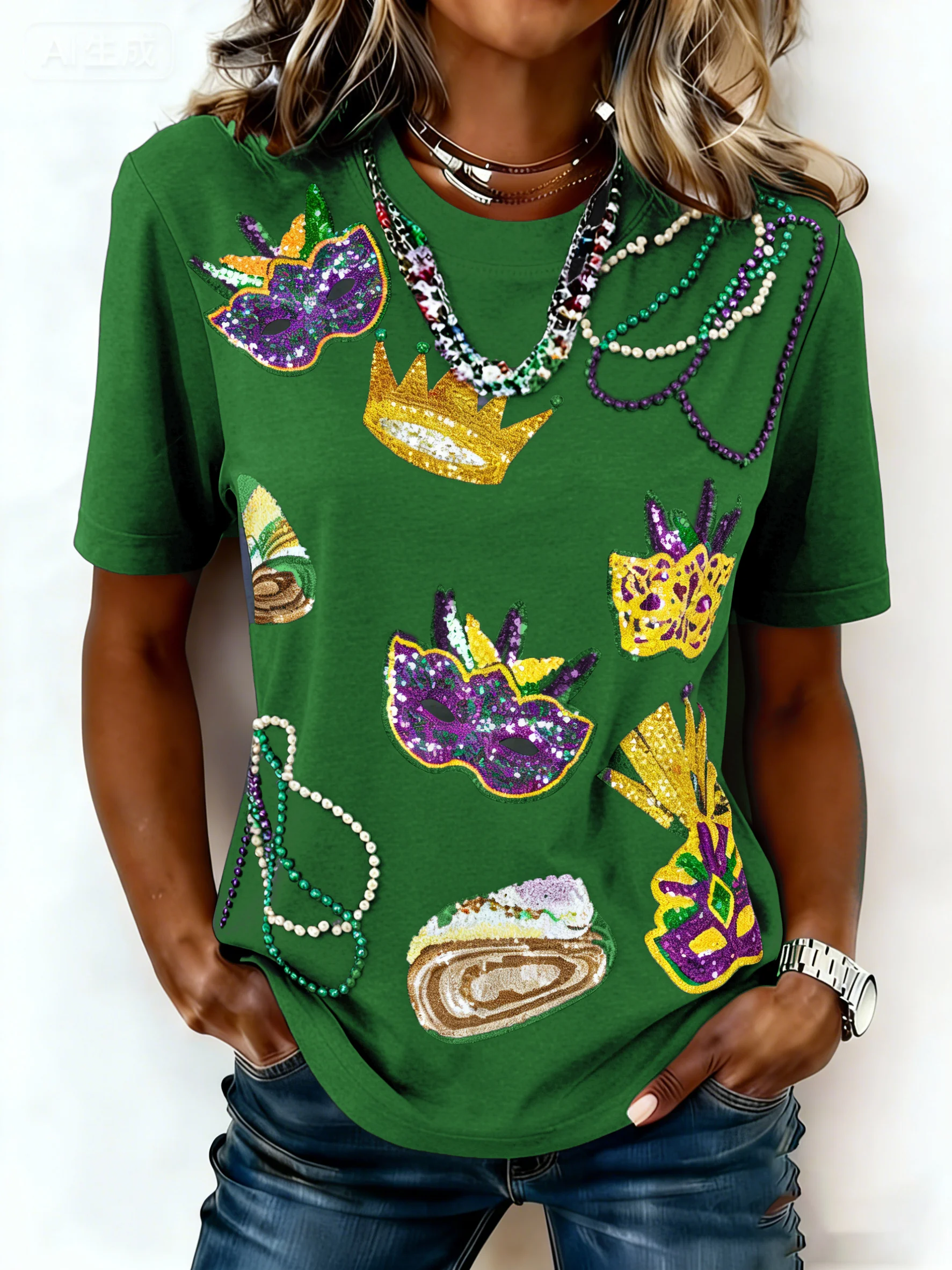 Women's casual fashion Mardi Gras print T-shirt