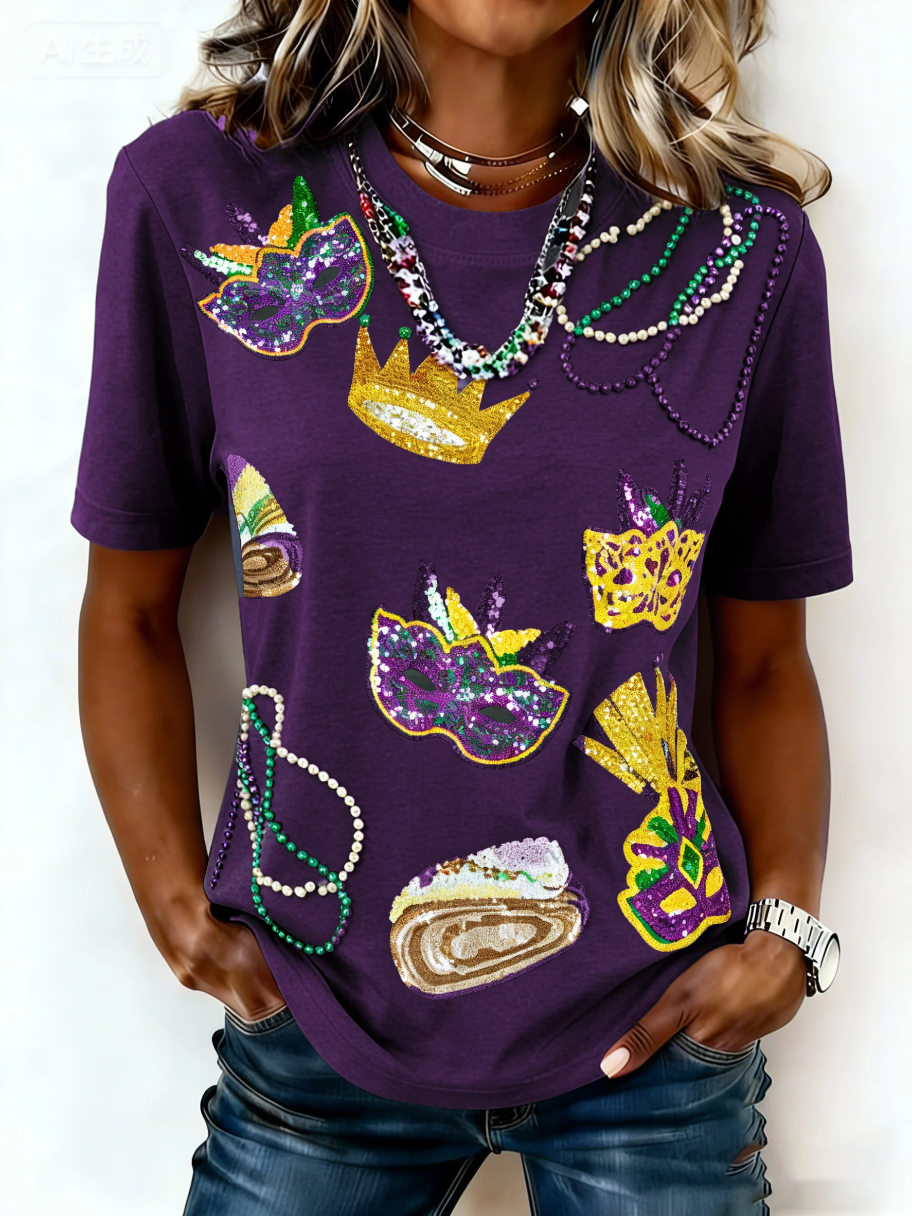 Women's casual fashion Mardi Gras print T-shirt
