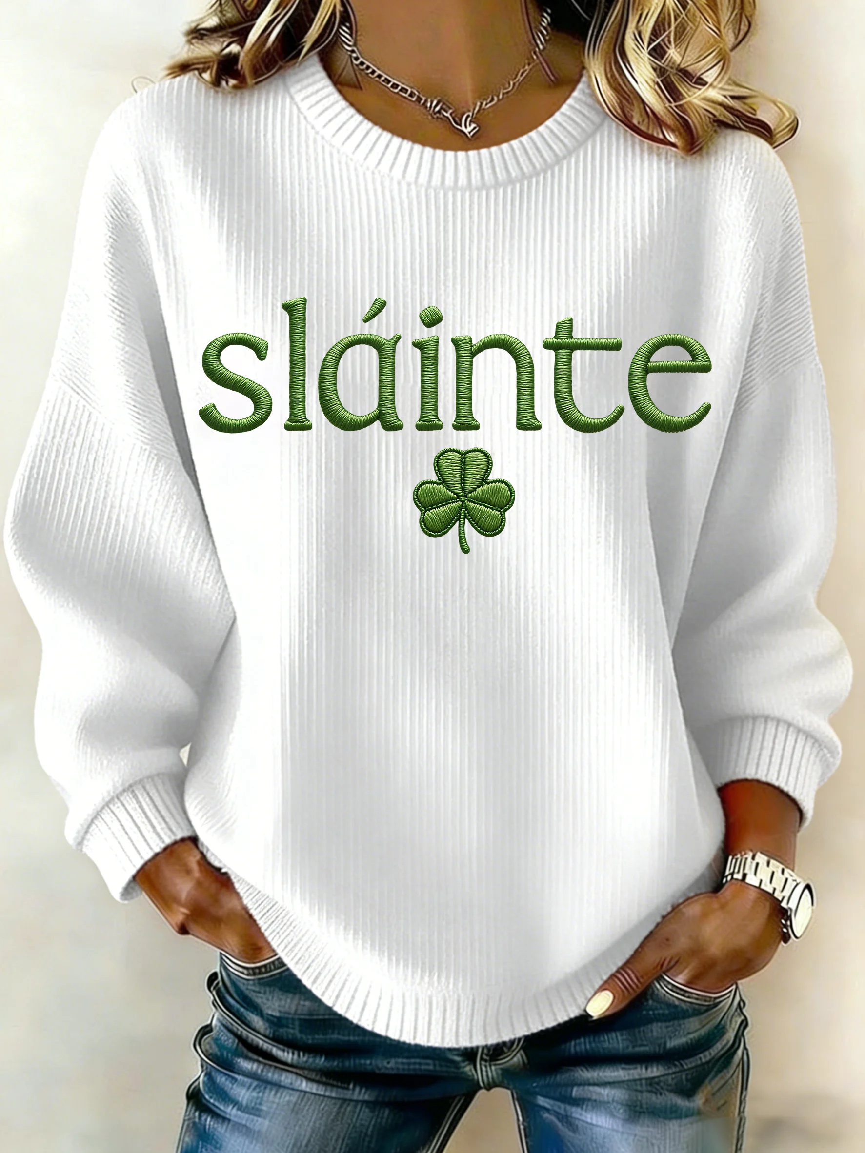 Women's St. Patrick's Day Print Knit Crew Neck Long Sleeve Top
