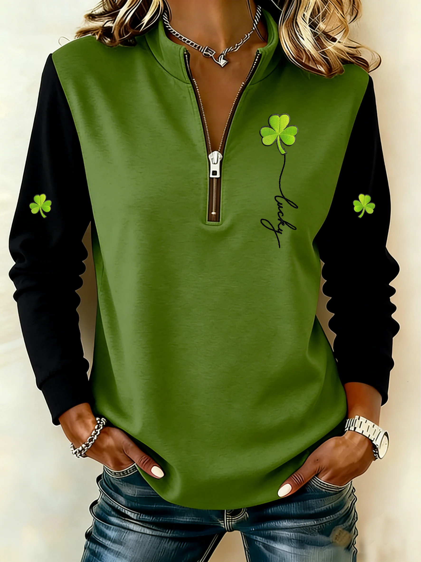 Women's Winter Lucky Clover Print Stand-Up Collar Top