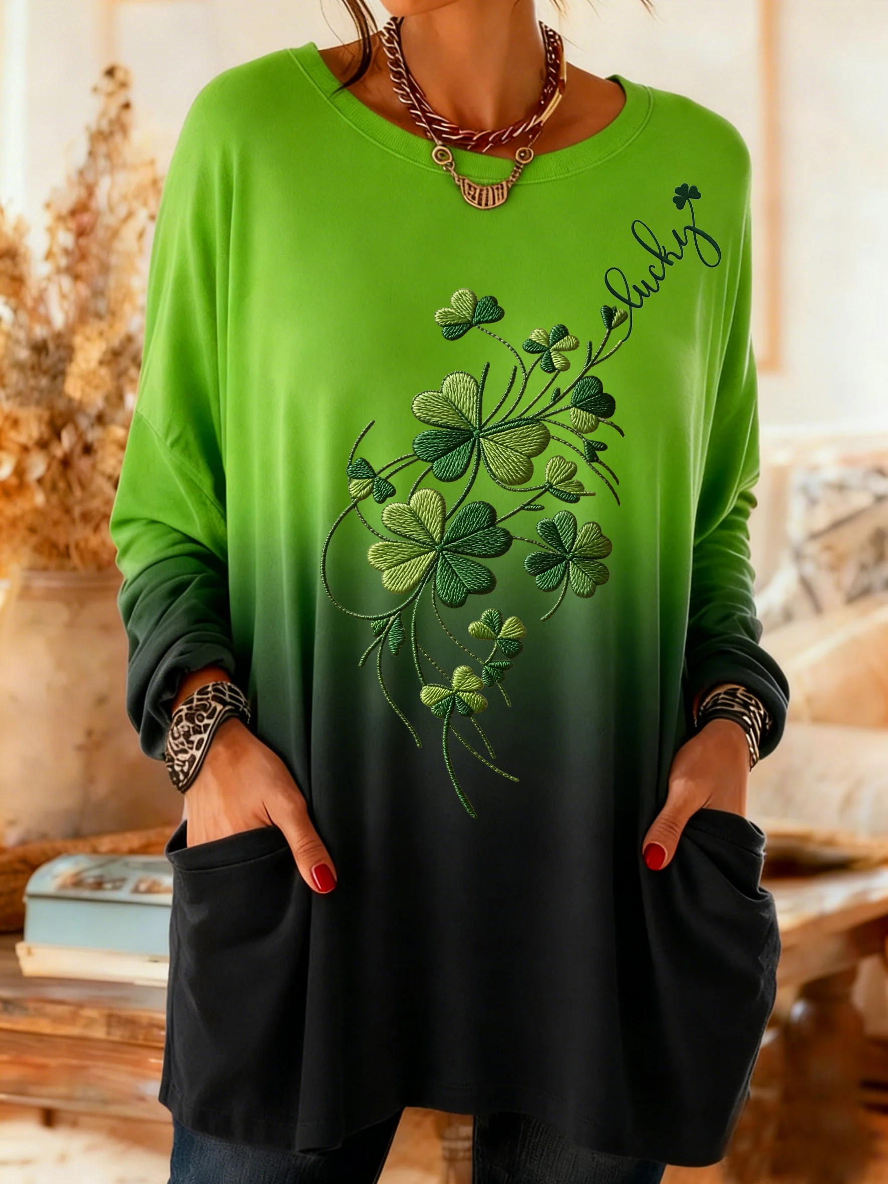 Women's winter Shamrock  print gradient elegant top