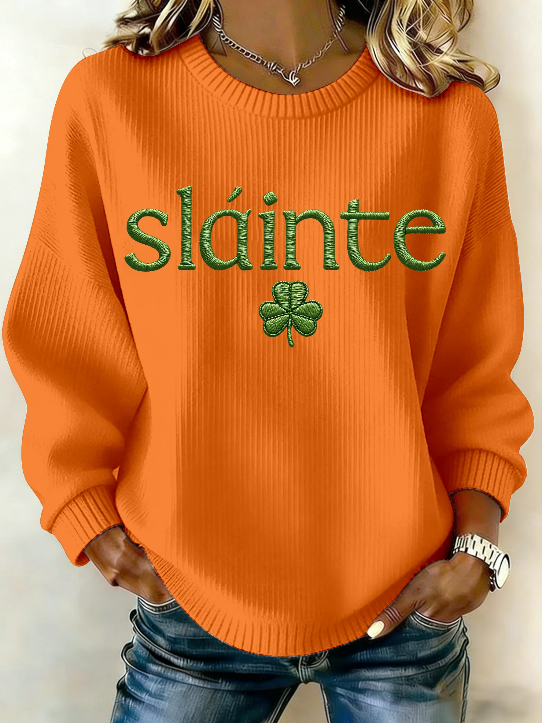 Women's St. Patrick's Day Print Knit Crew Neck Long Sleeve Top
