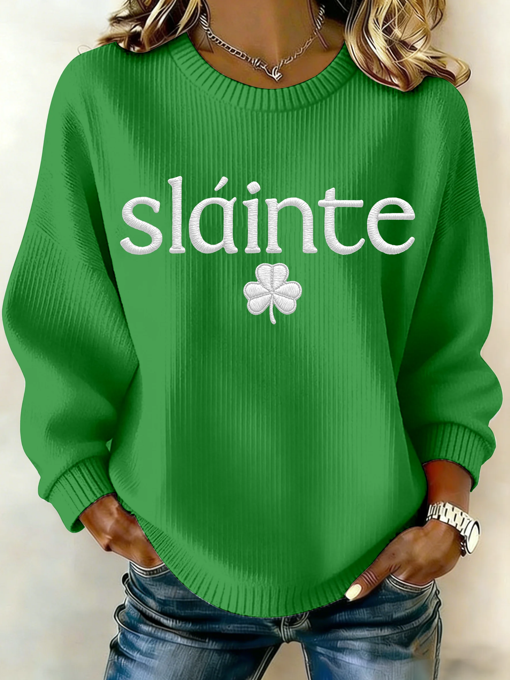 Women's St. Patrick's Day Print Knit Crew Neck Long Sleeve Top